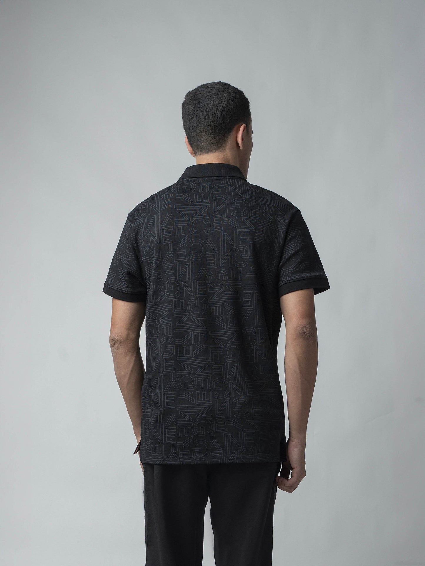 Supima Cotton Lycra with All-Over Print and DTM Collar Black Polo - ENGYNE