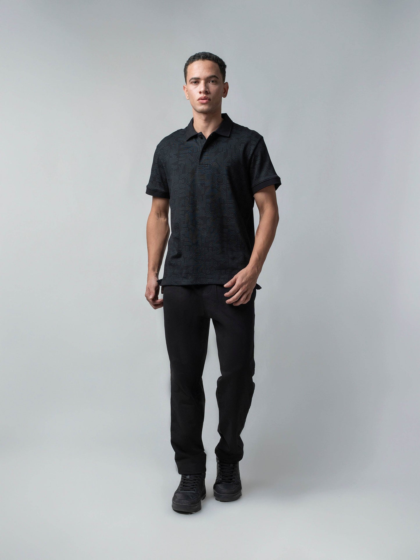 Supima Cotton Lycra with All-Over Print and DTM Collar Black Polo - ENGYNE