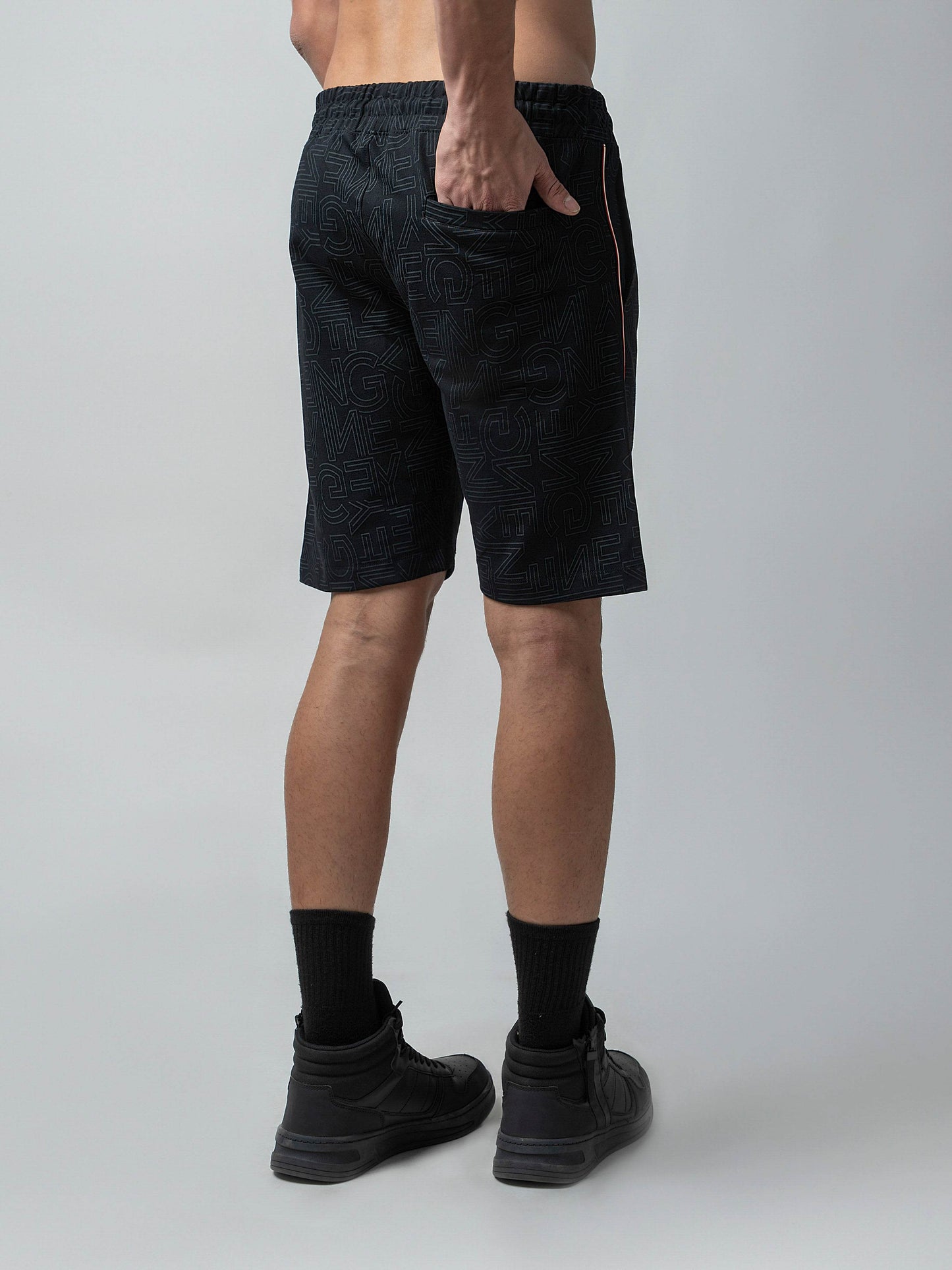 Rougen Cotton Elastane Loop Knit Shorts with All-Over Discharge Print Black - ENGYNE