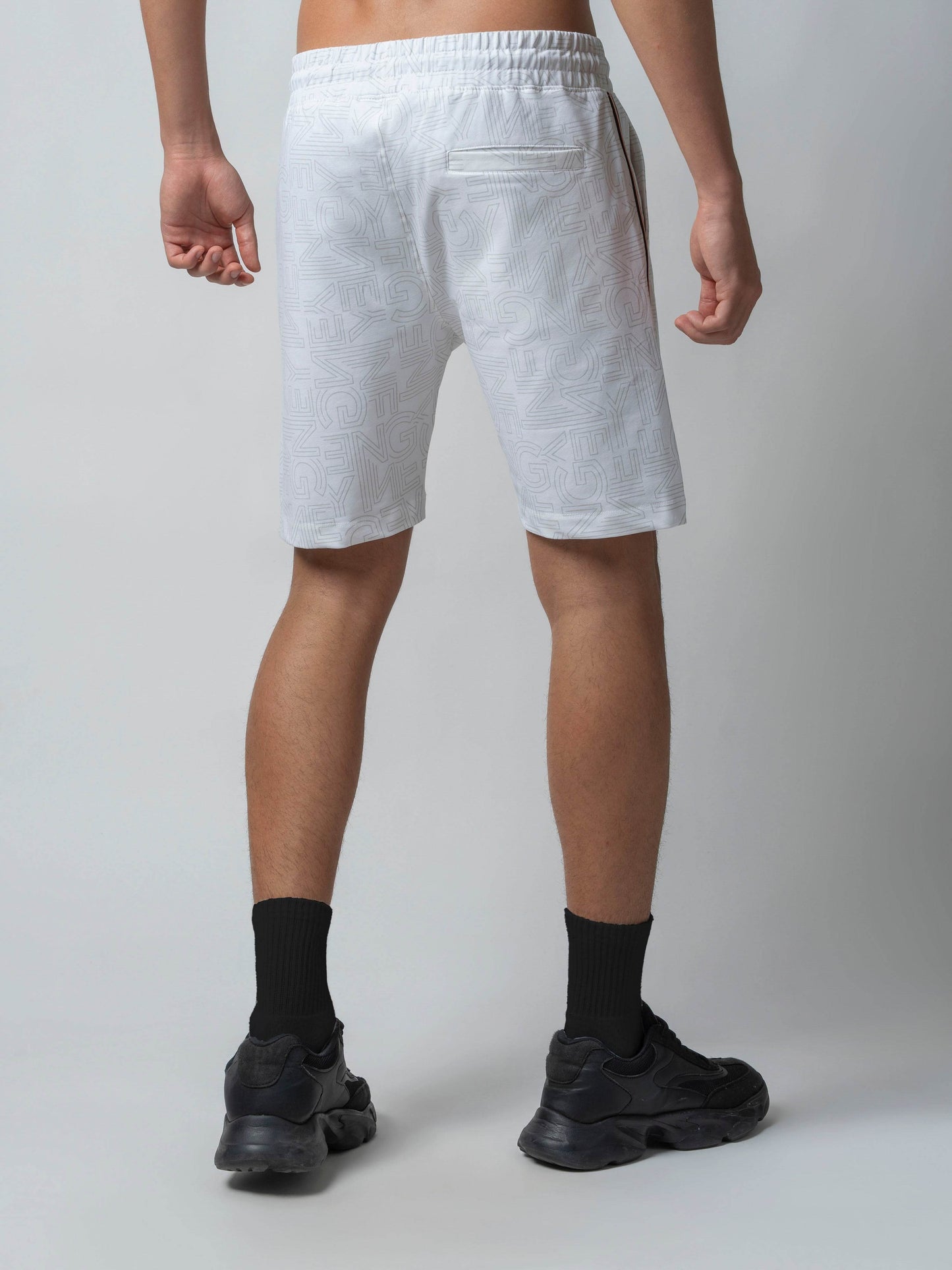 Rougen Cotton Elastane Loop Knit Shorts with All-Over Discharge Print White - ENGYNE