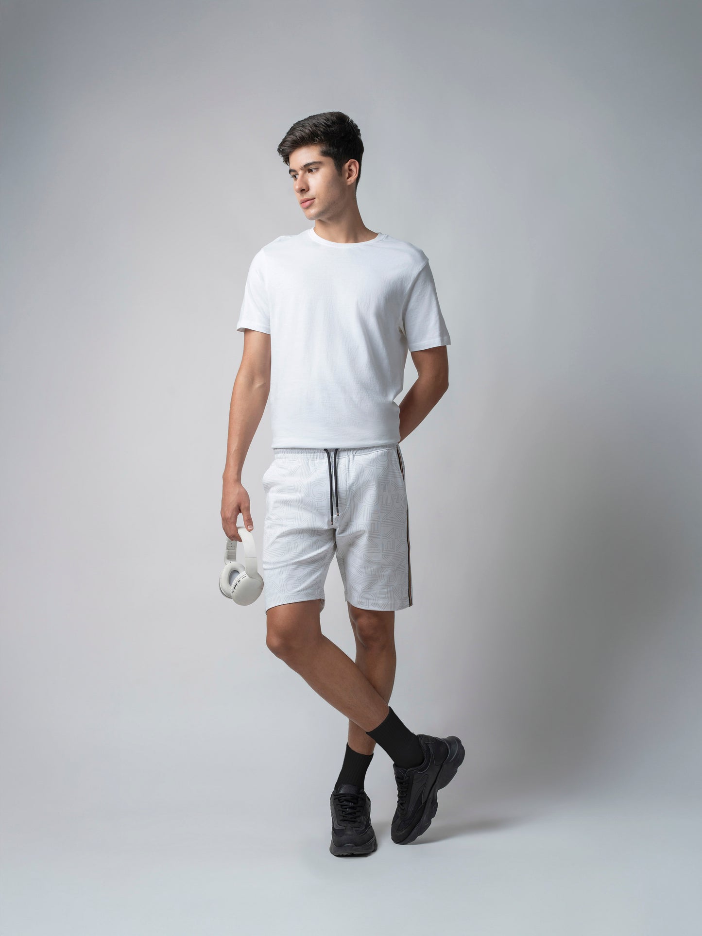 All-Over Discharge Print White Cotton Shorts For Men