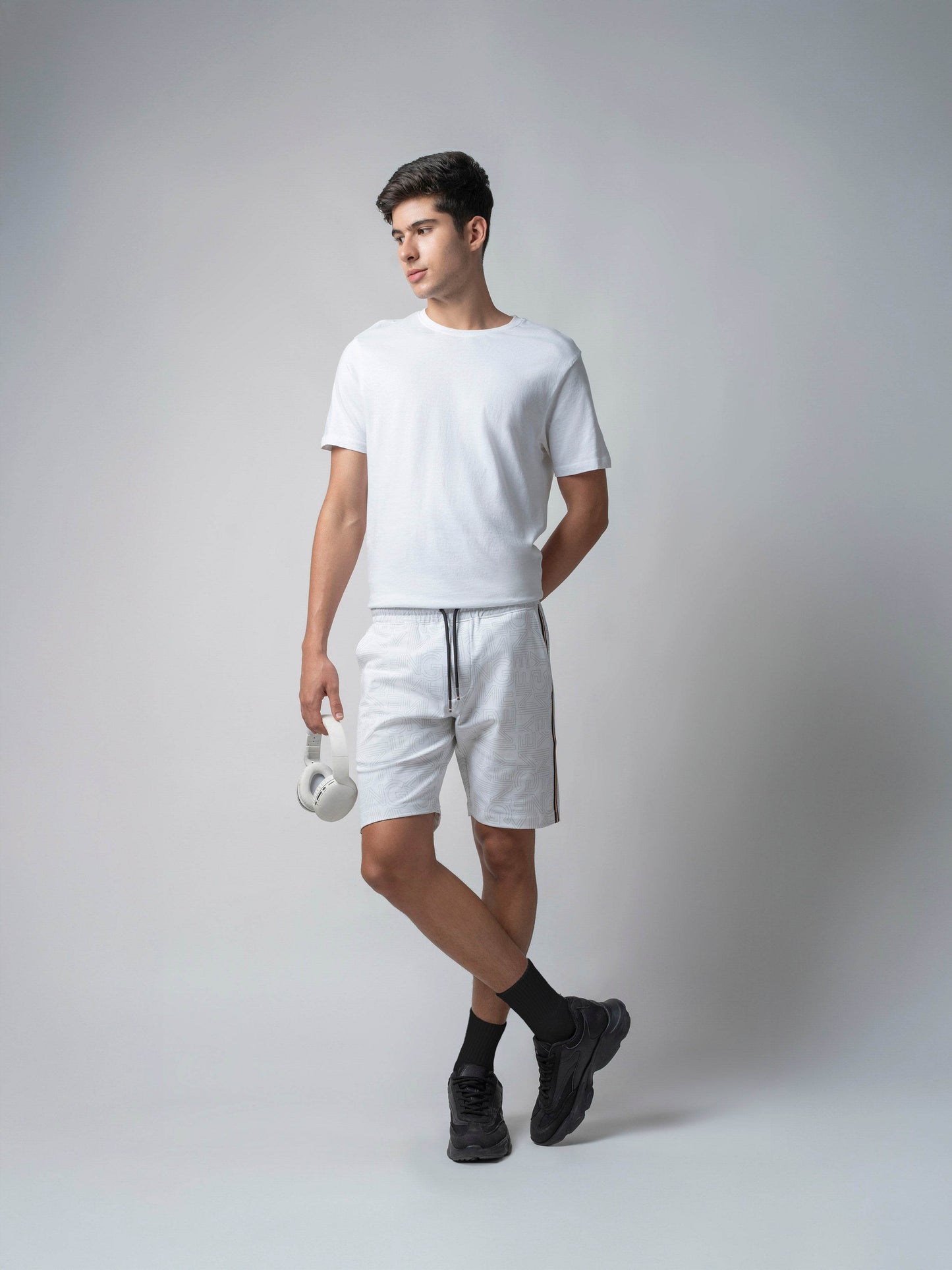 Rougen Cotton Elastane Loop Knit Shorts with All-Over Discharge Print White - ENGYNE