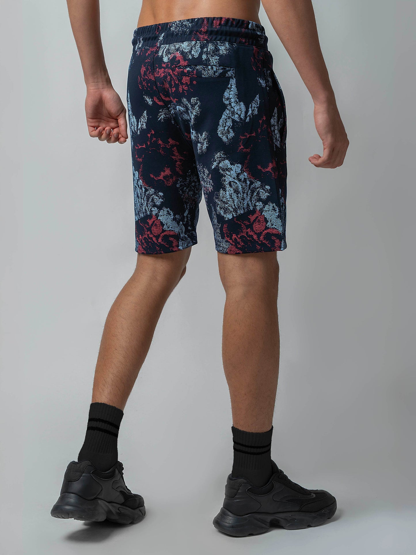 Rougen Cotton Poly Elastane Interlock Shorts with All-Over Print Navy - ENGYNE