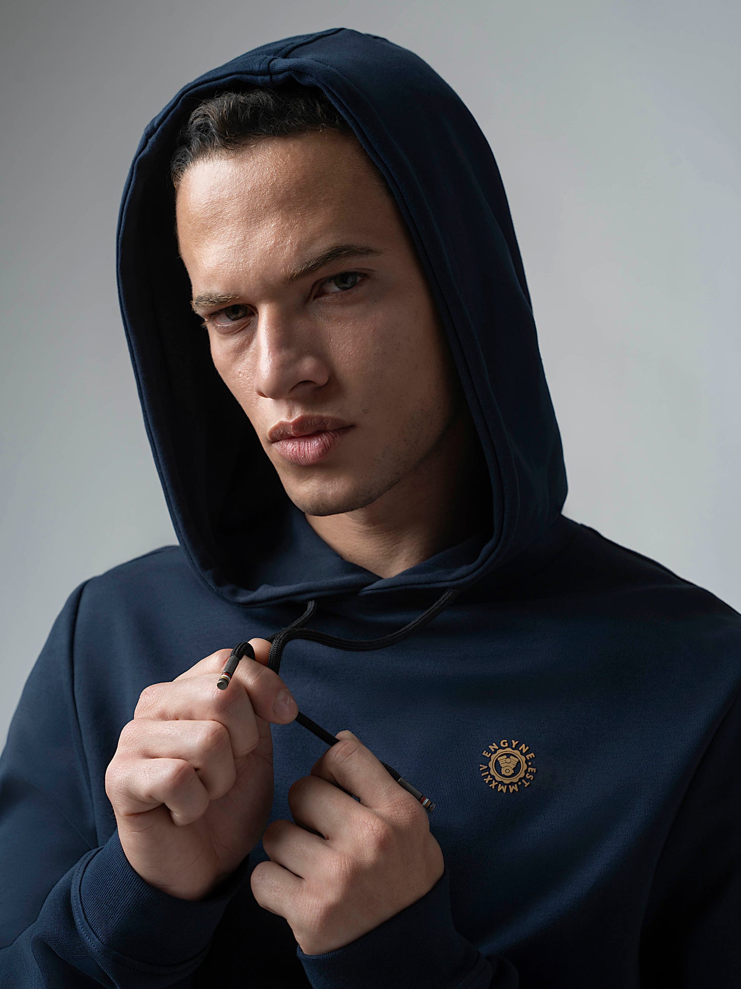 Navy Blue Hooded Sweatshirt with Contrast HD Print for Men