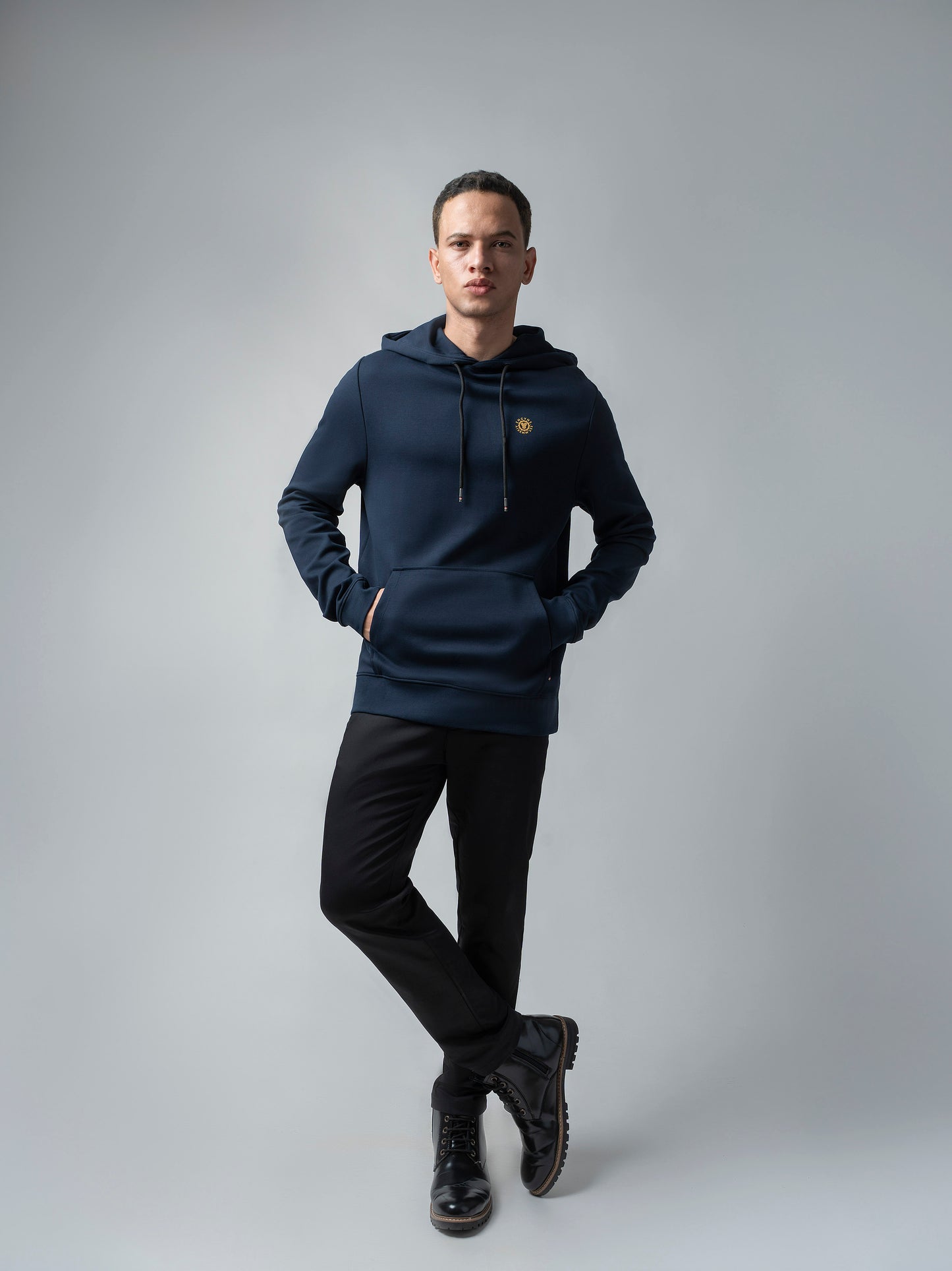 Navy Blue Hooded Sweatshirt with Contrast HD Print for Men