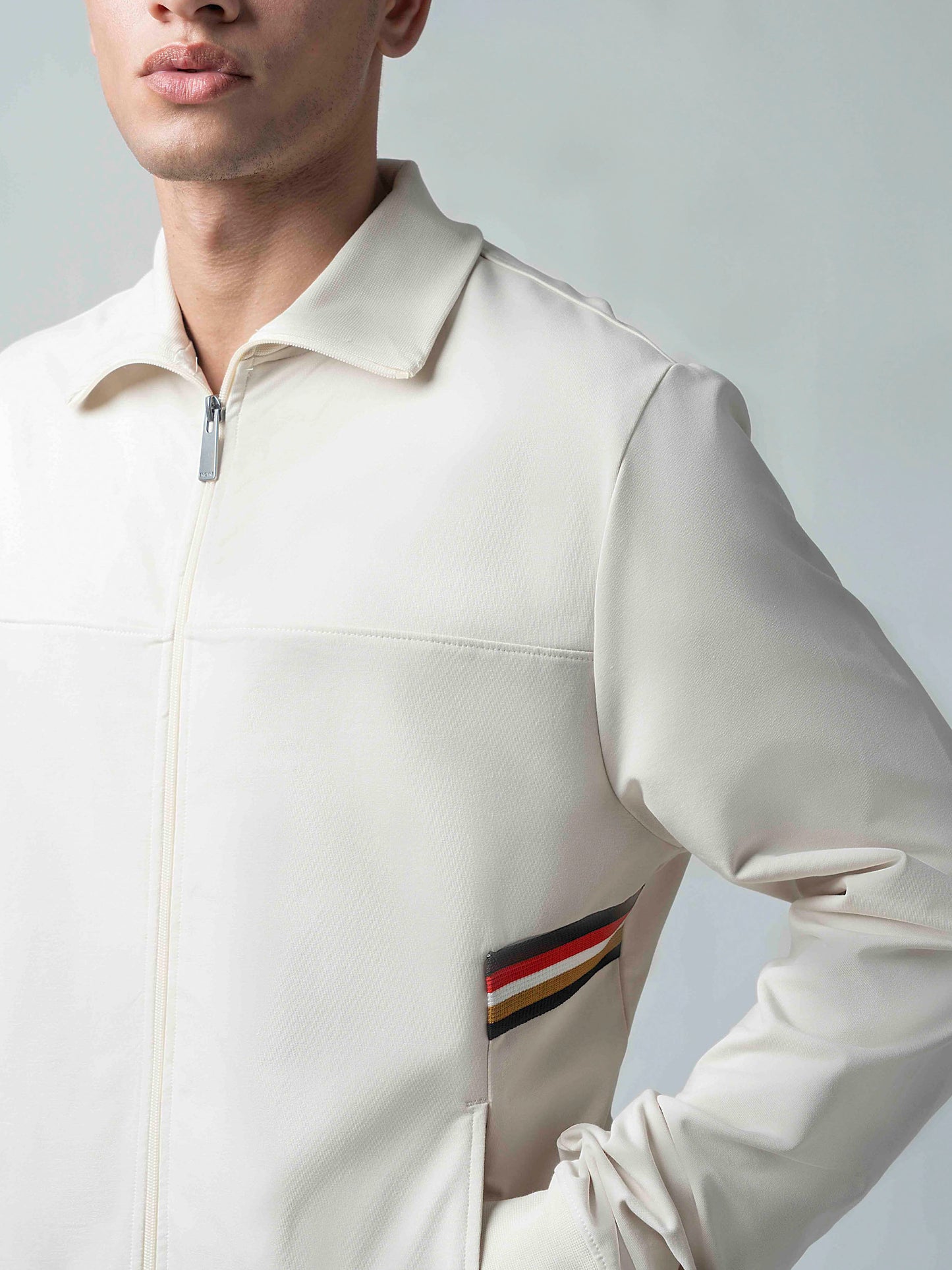 Beige Zipper Sweat Shirt For Men with 4-Color Flag Tape