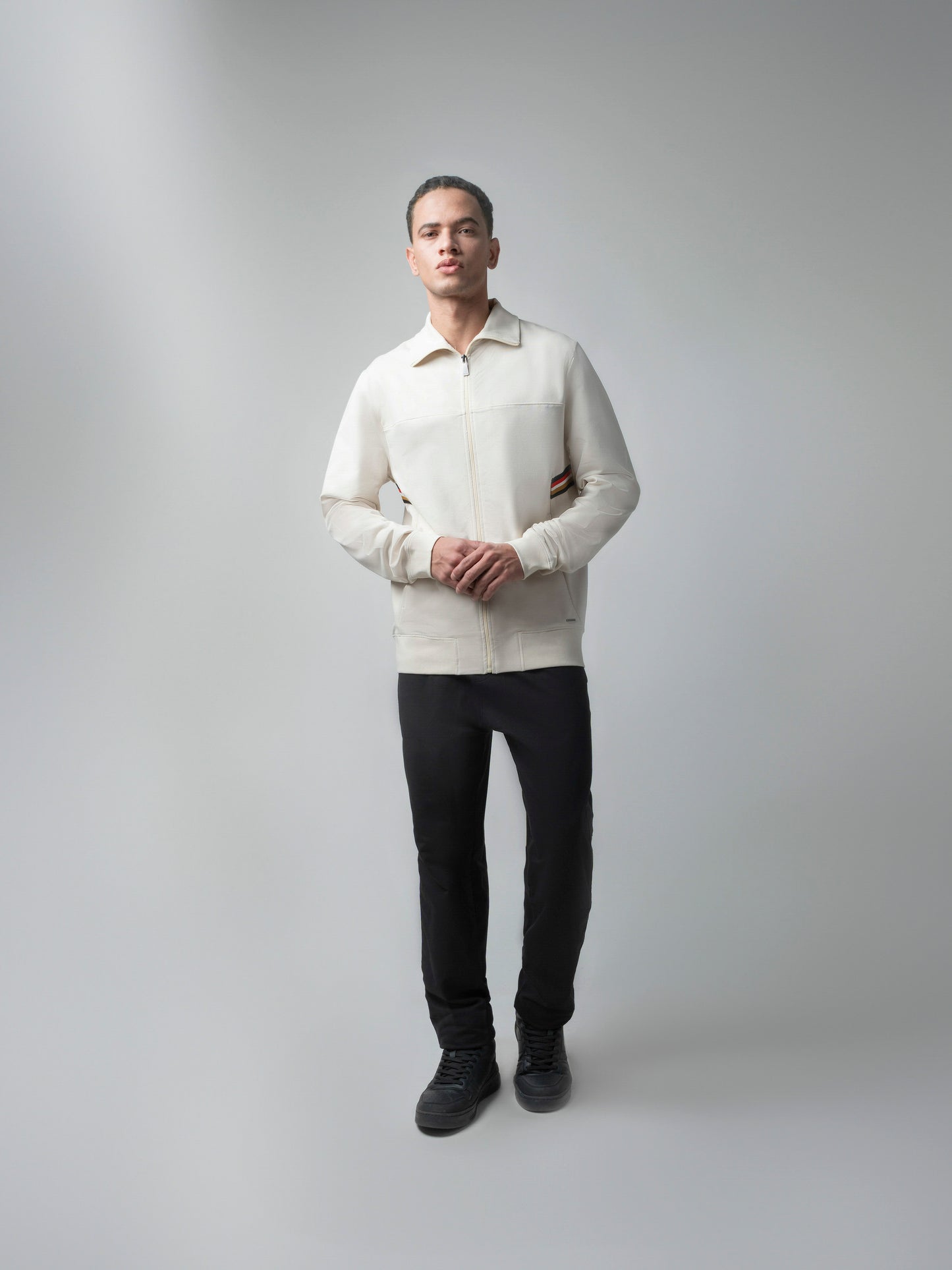 Beige Zipper Sweat Shirt For Men with 4-Color Flag Tape