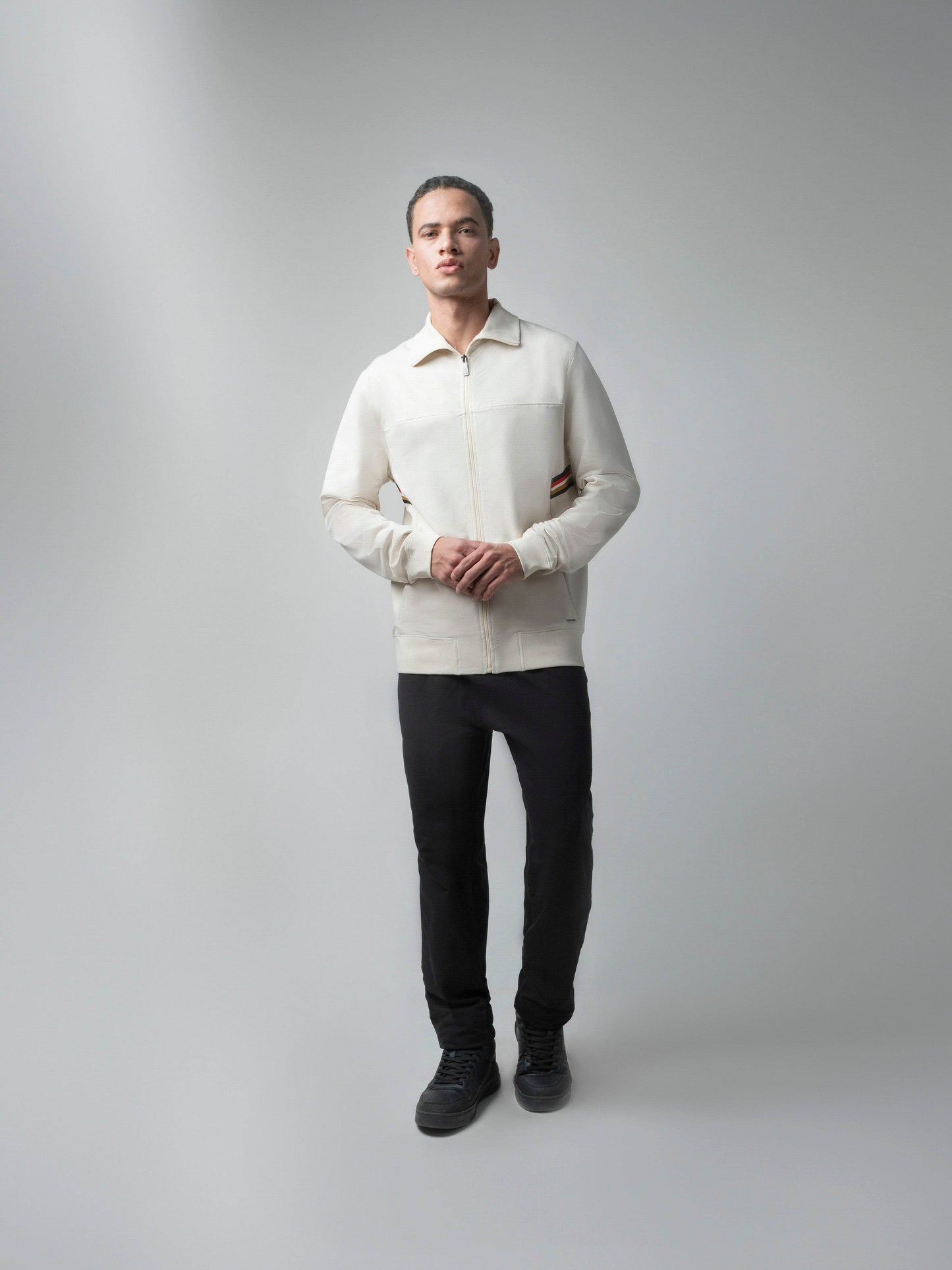 High Neck Zipper Sweatshirt with 4-Color Flag Tape and Contrast-Tipped Cuffs Beige - ENGYNE
