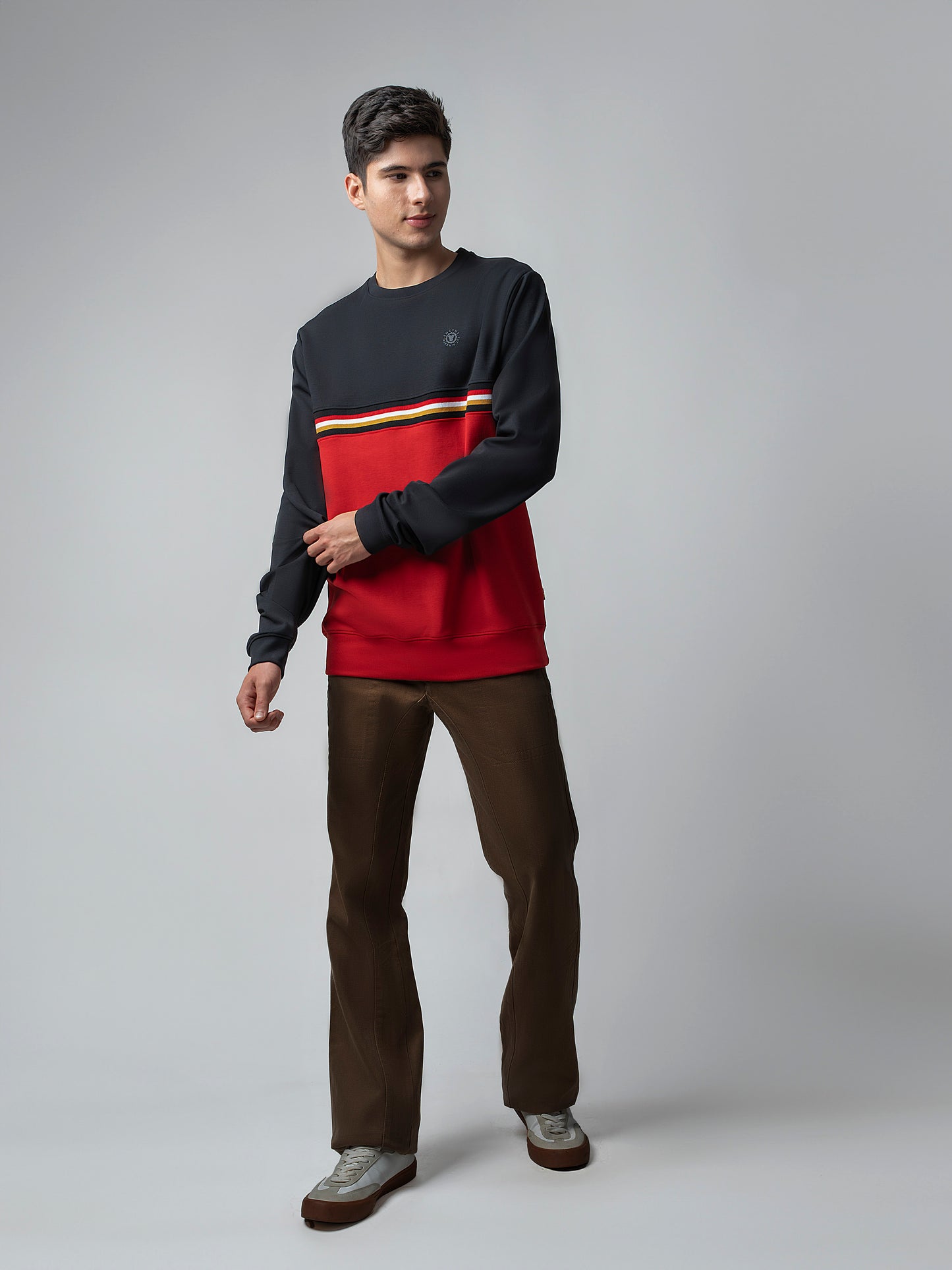 Crew Neck Two-Tone Red Sweatshirt with 4-Color Chest Rib for men