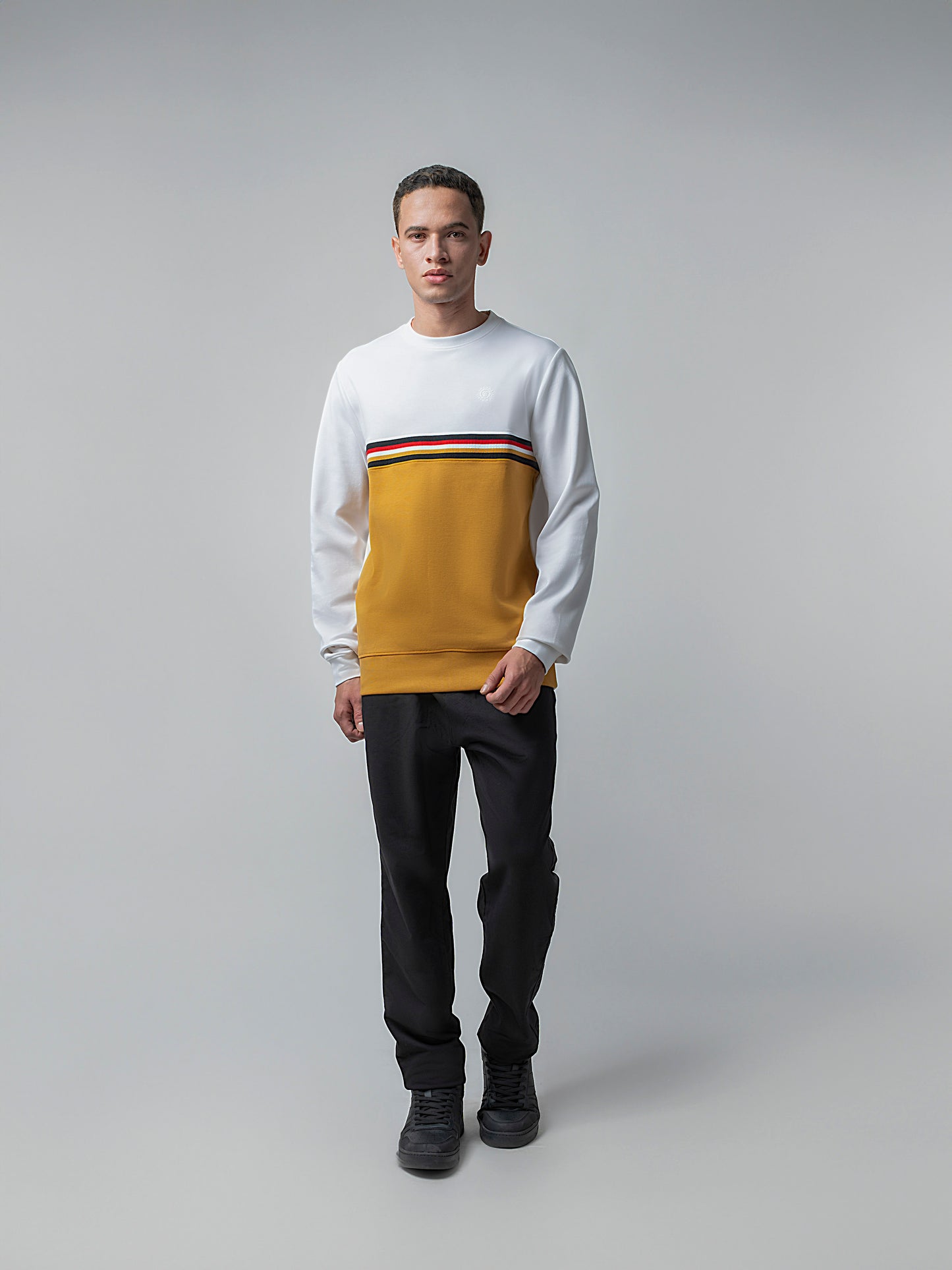 Two-Tone White Sweatshirt with 4-Color Chest Rib for men