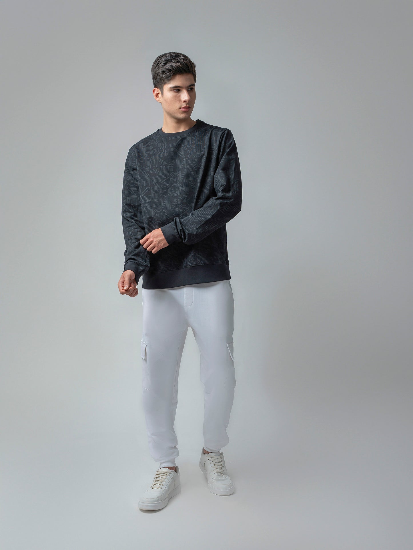 Black Crewneck Sweatshirt with Prints and Side Flag Tape for men