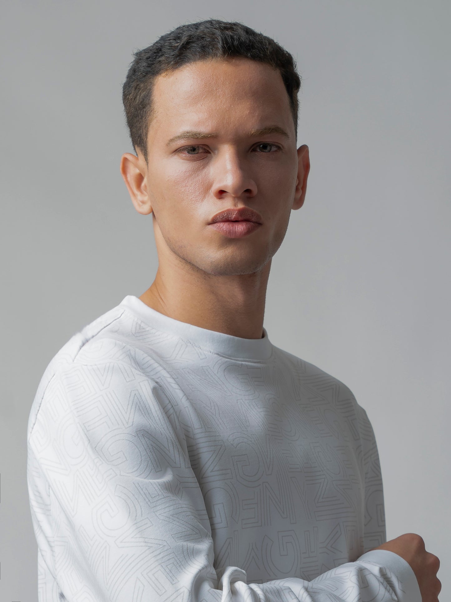 White Crew Neck Sweatshirt with Prints and Side Flag Tape
