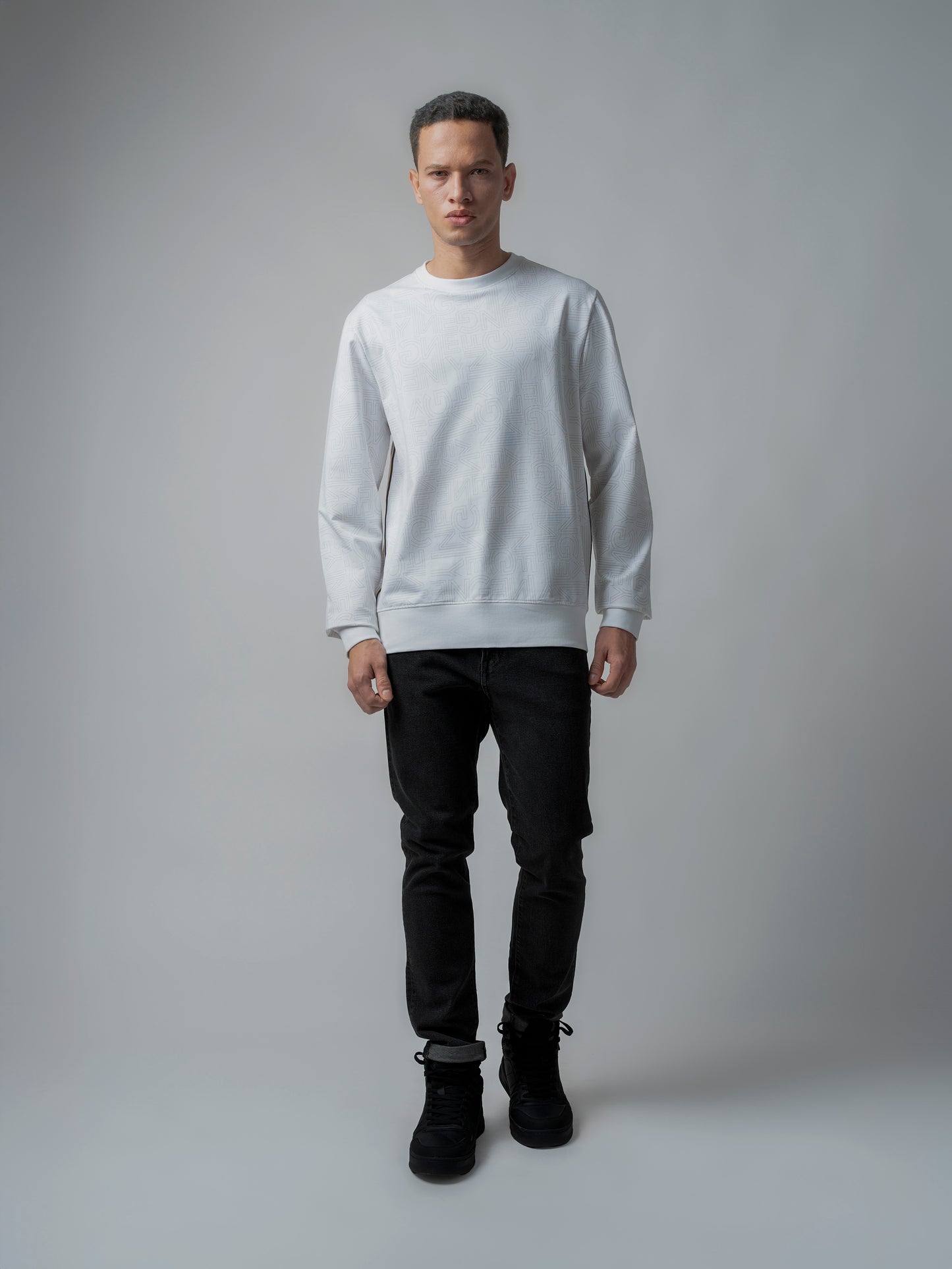 White Crew Neck Sweatshirt with Prints and Side Flag Tape