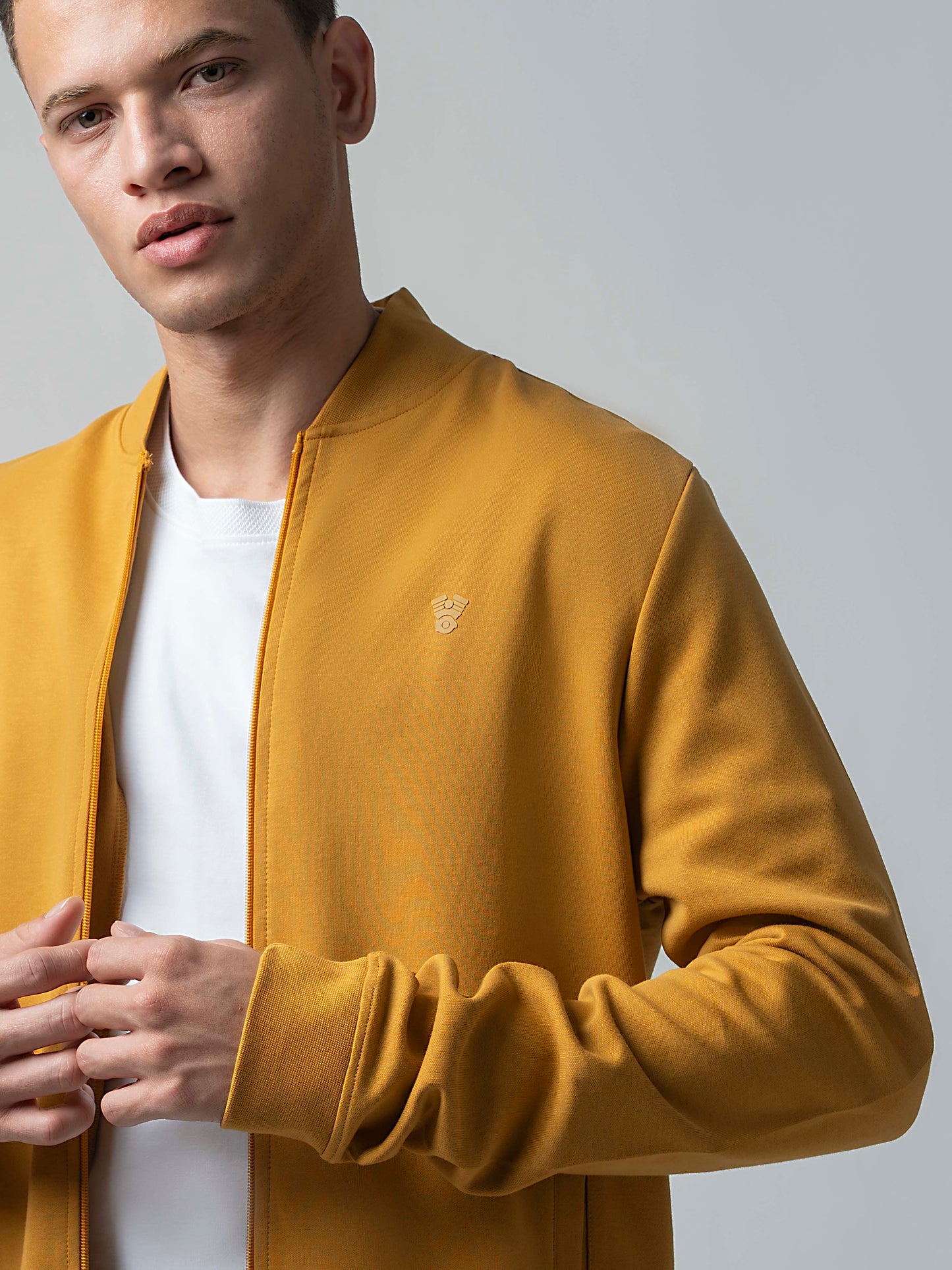 Mustard Gold Baseball Collar Mens Zip Up Sweatshirts
