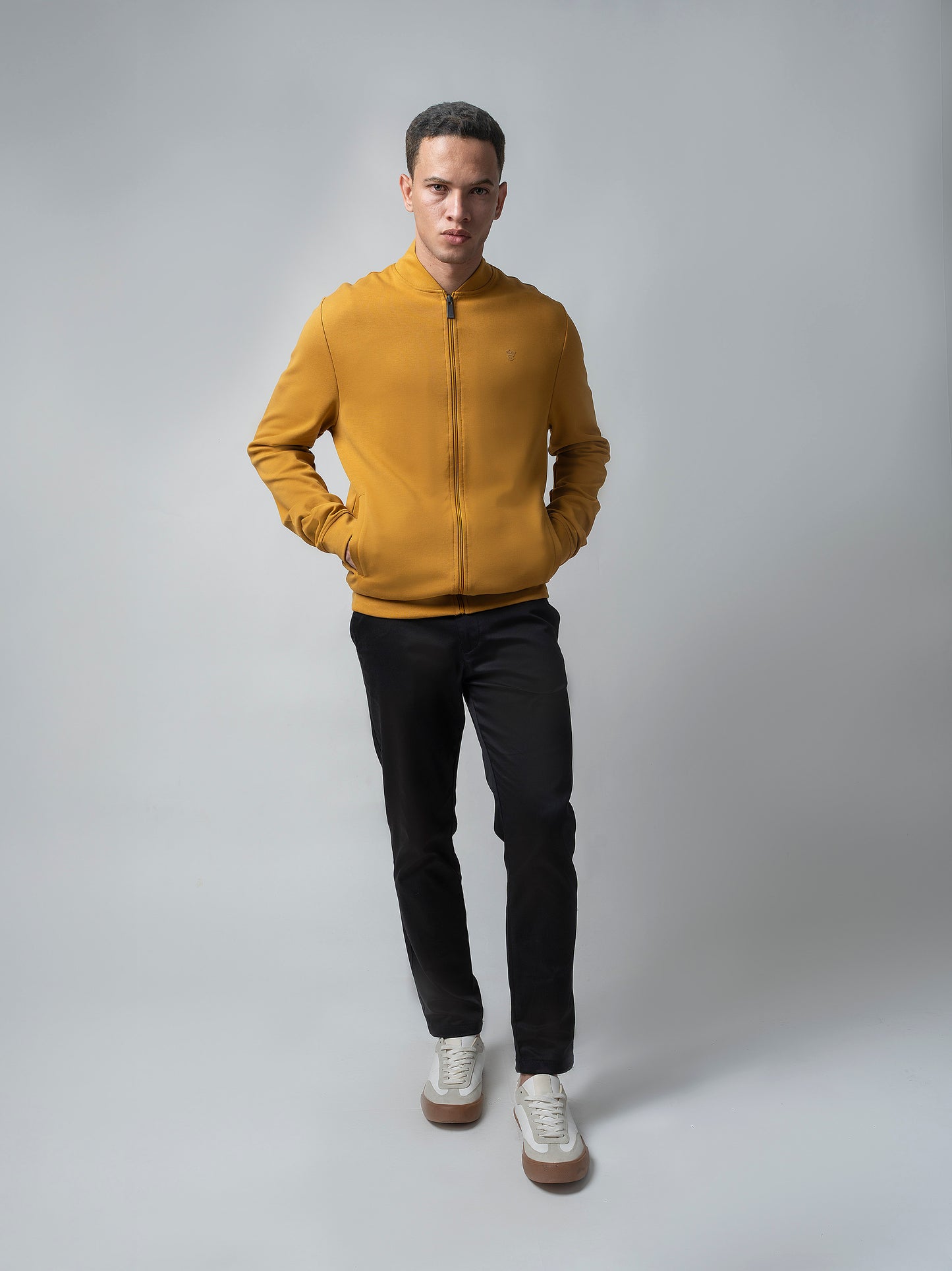 Mustard Gold Baseball Collar Mens Zip Up Sweatshirts