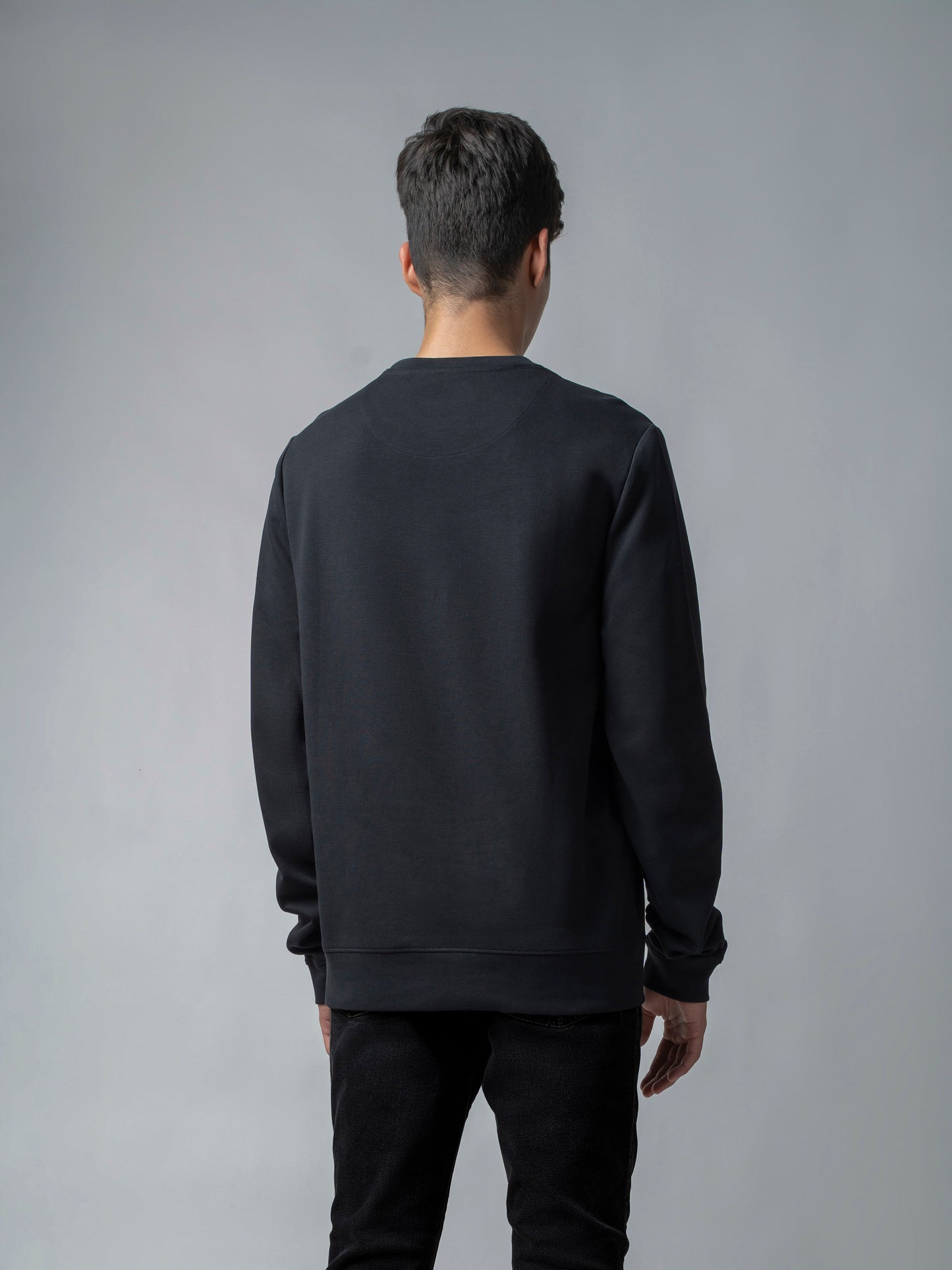 Crew Neck Black Sweatshirt with Floral Chest Embroidery for Men