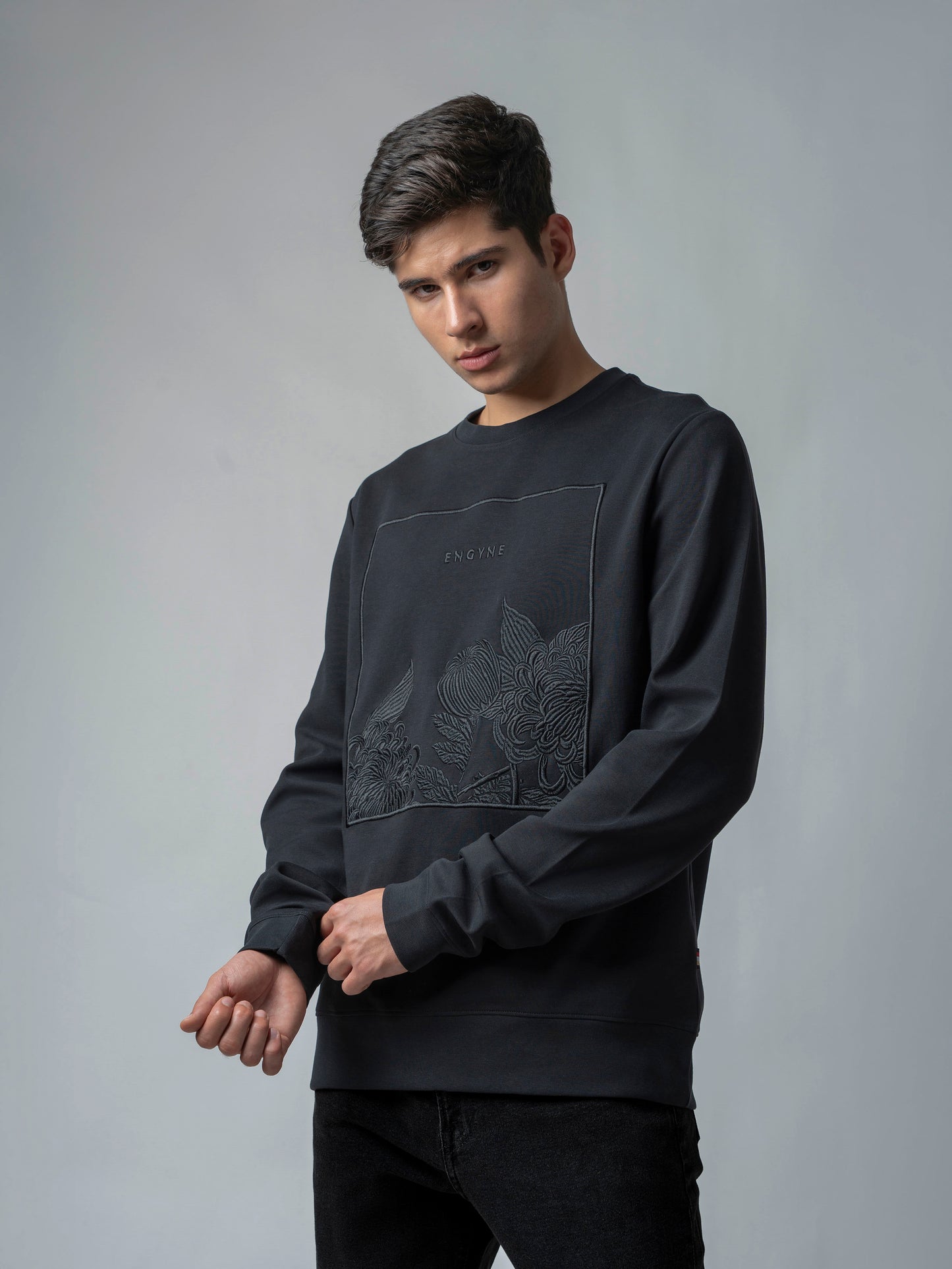 Crew Neck Black Sweatshirt with Floral Chest Embroidery for Men