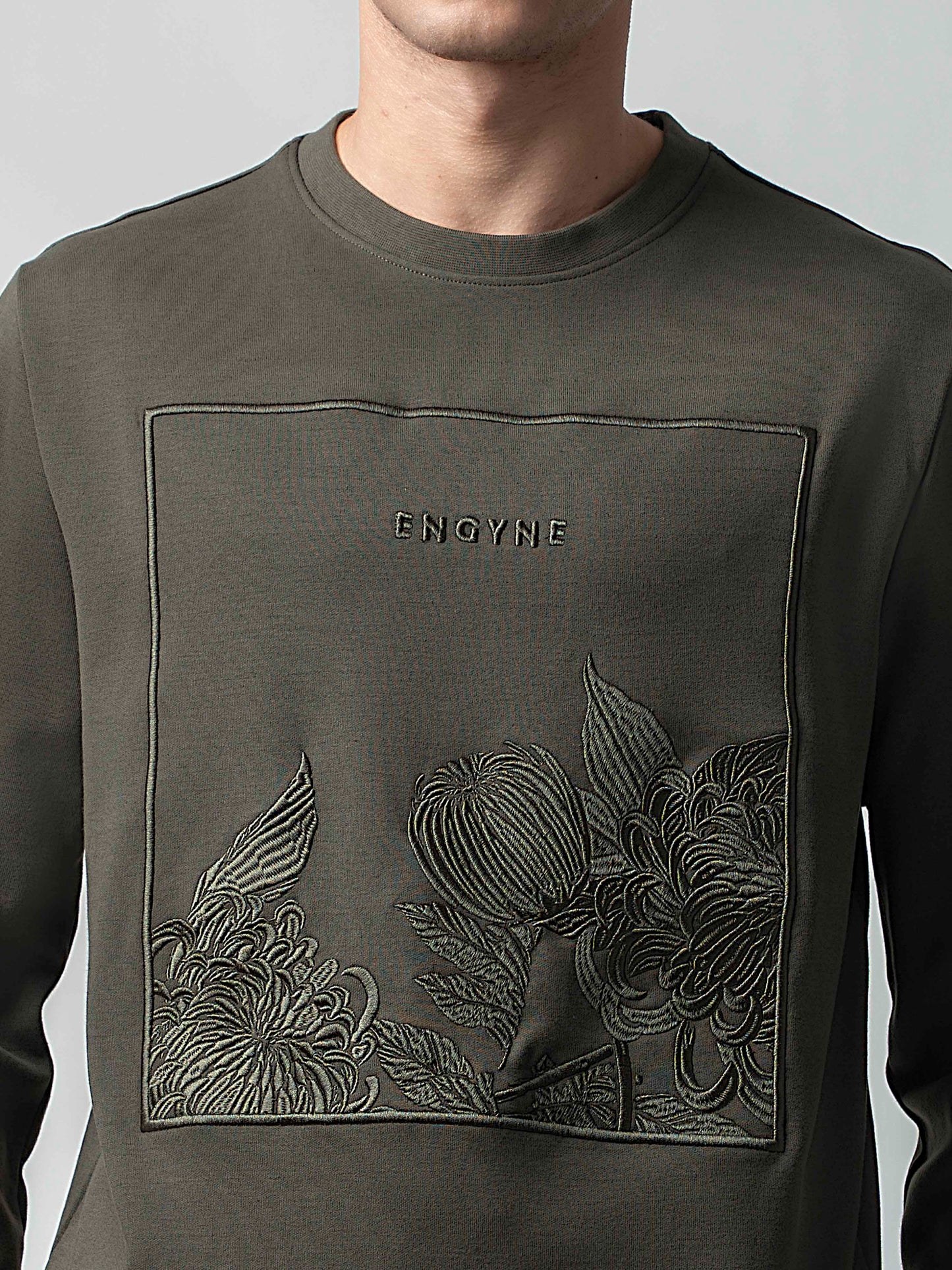 Olive Green Sweatshirt with Floral Chest Embroidery for Men