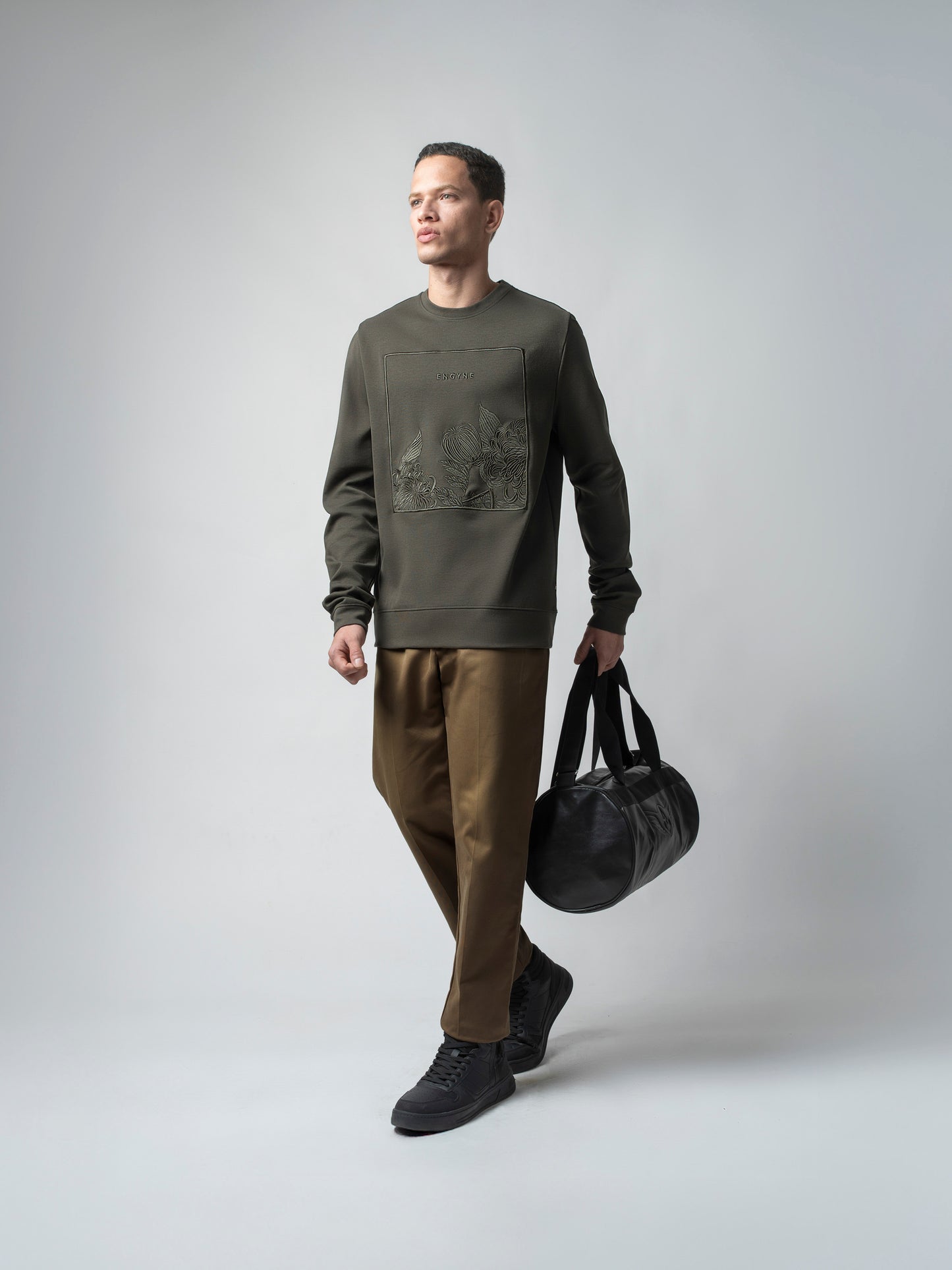 Olive Green Sweatshirt with Floral Chest Embroidery for Men