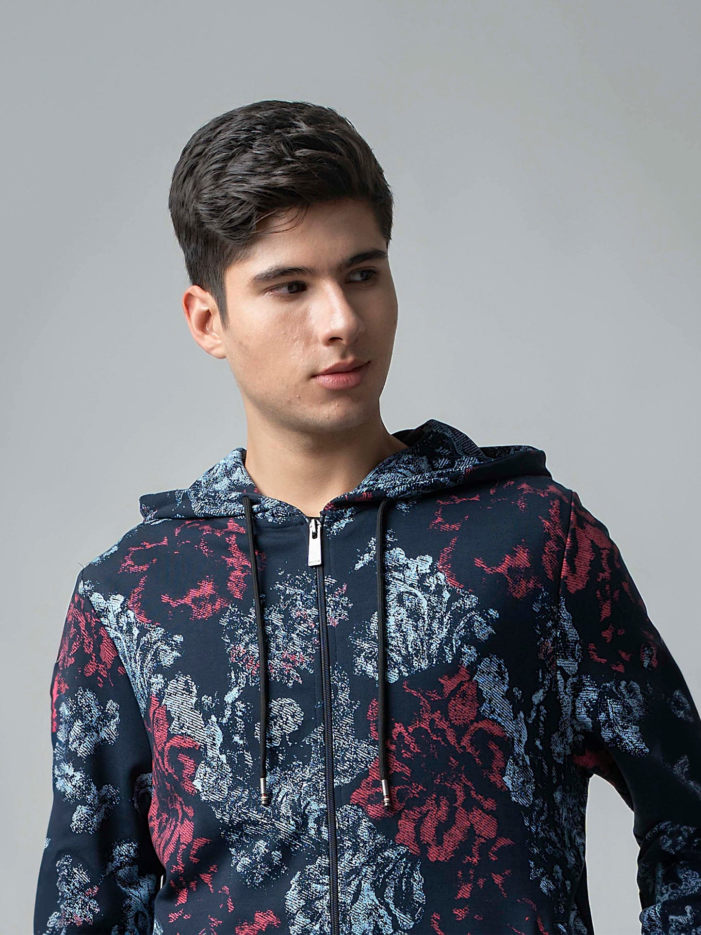 All-Over Discharge Navy Printed Hoodie Zipper Sweatshirt