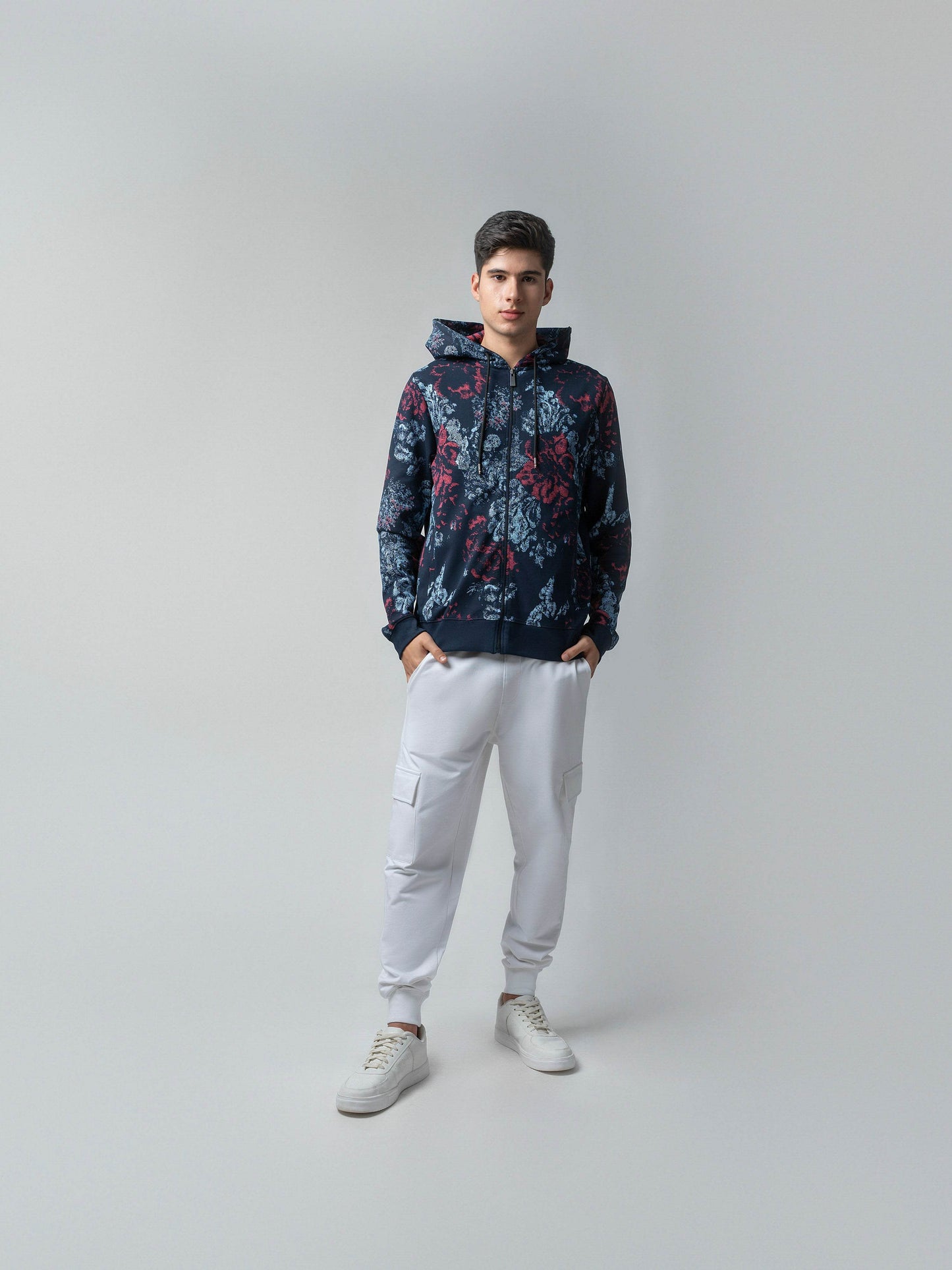 Hooded Zipper Sweatshirt with All-Over Discharge Rotary Print Navy - ENGYNE