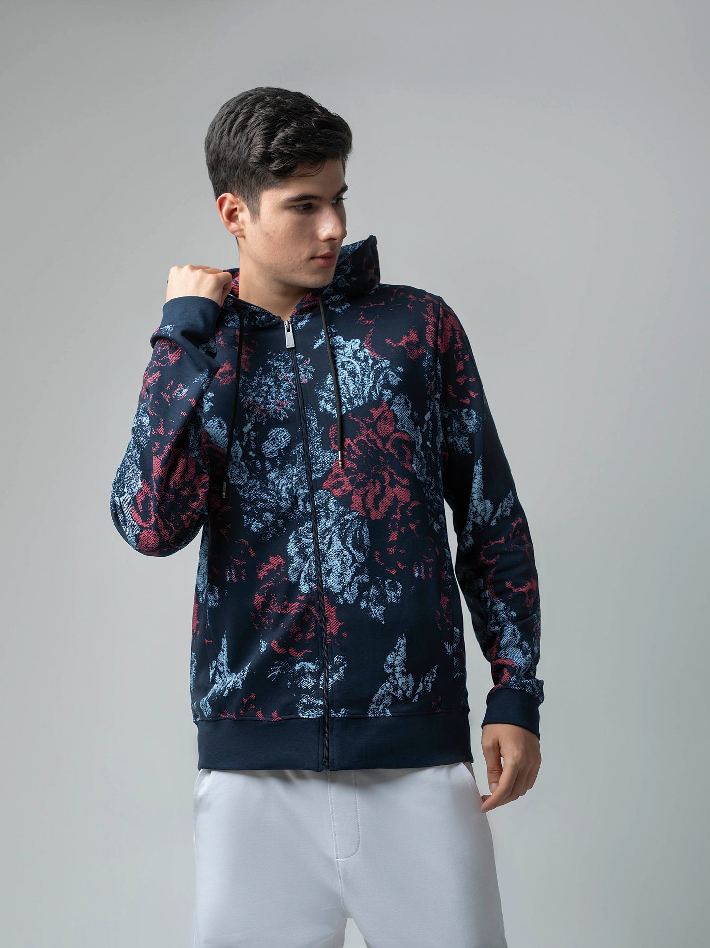 All-Over Discharge Navy Printed Hoodie Zipper Sweatshirt