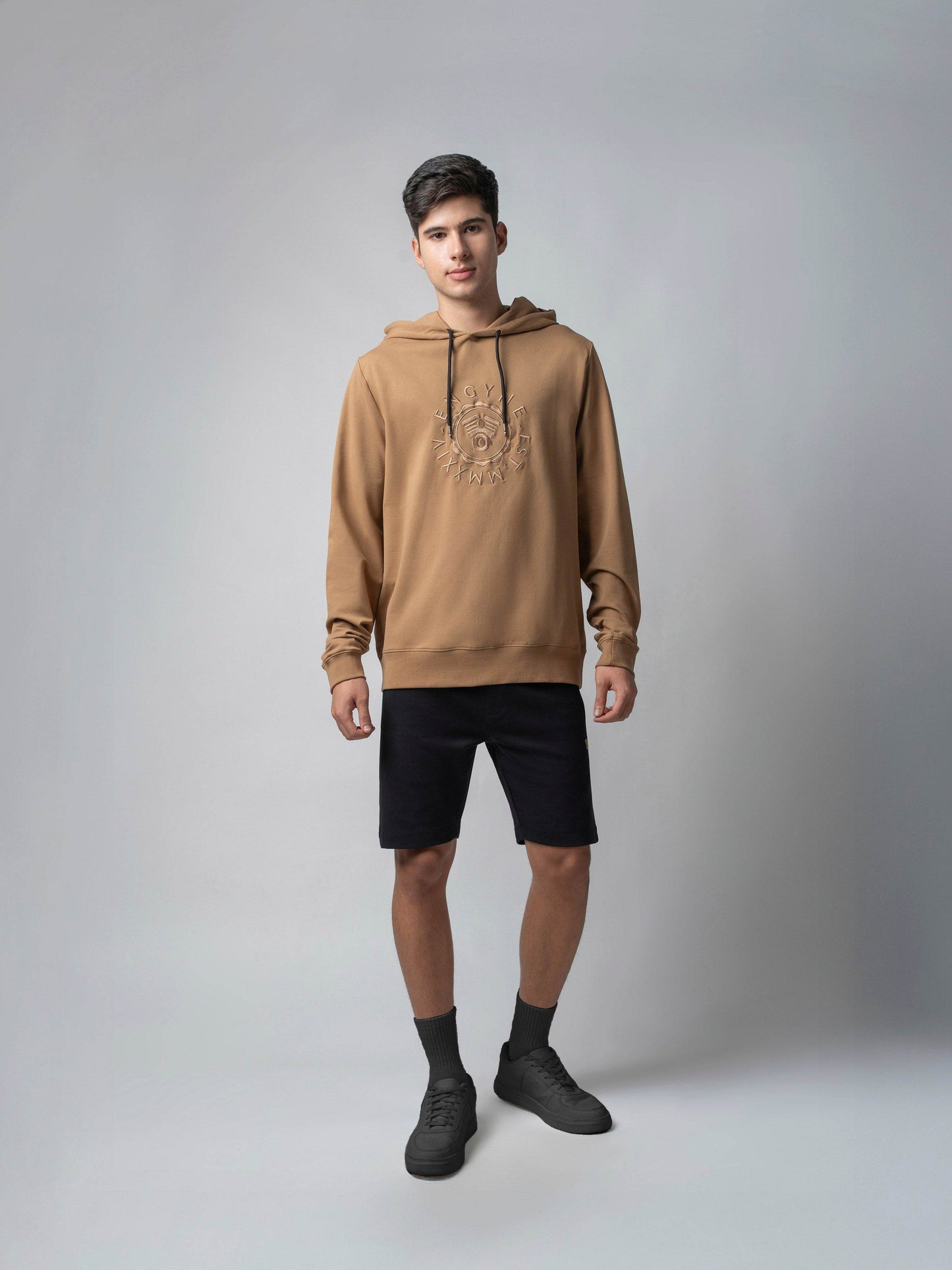 Rougen Cotton Elastane Loop Knit Hooded Sweatshirt with DTM Chest Embroidery Khaki - ENGYNE