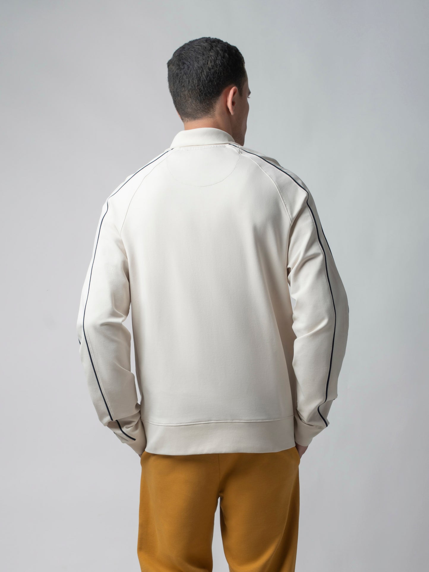 High Neck Zipper Beige Sweatshirt with Contrast Piping for Men