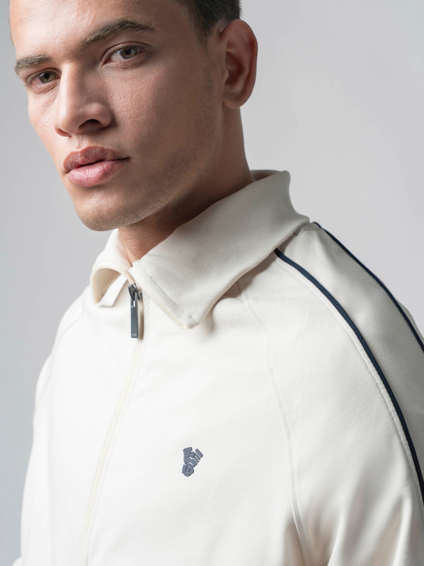 High Neck Zipper Beige Sweatshirt with Contrast Piping for Men