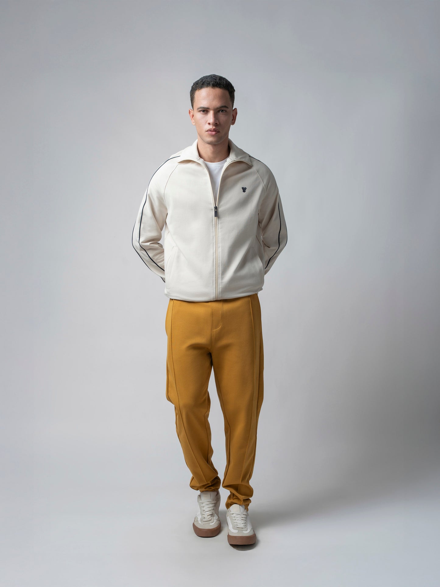 High Neck Zipper Beige Sweatshirt with Contrast Piping for Men
