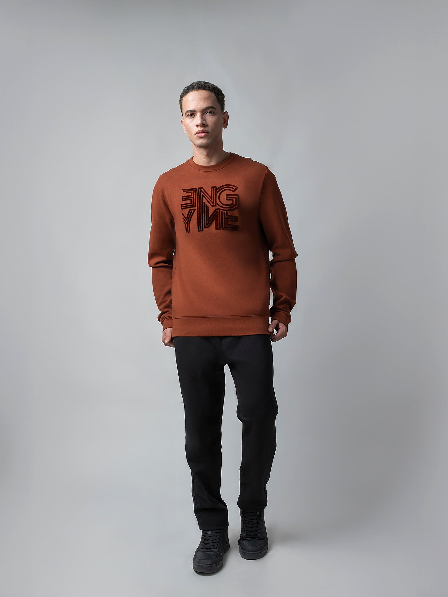 Crew Neck Brown Sweatshirt with Engyne' Embroidery for Men