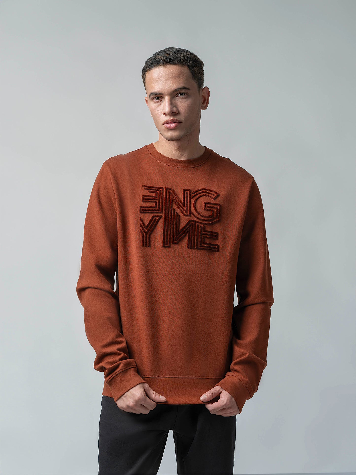 Crew Neck Brown Sweatshirt with Engyne' Embroidery for Men