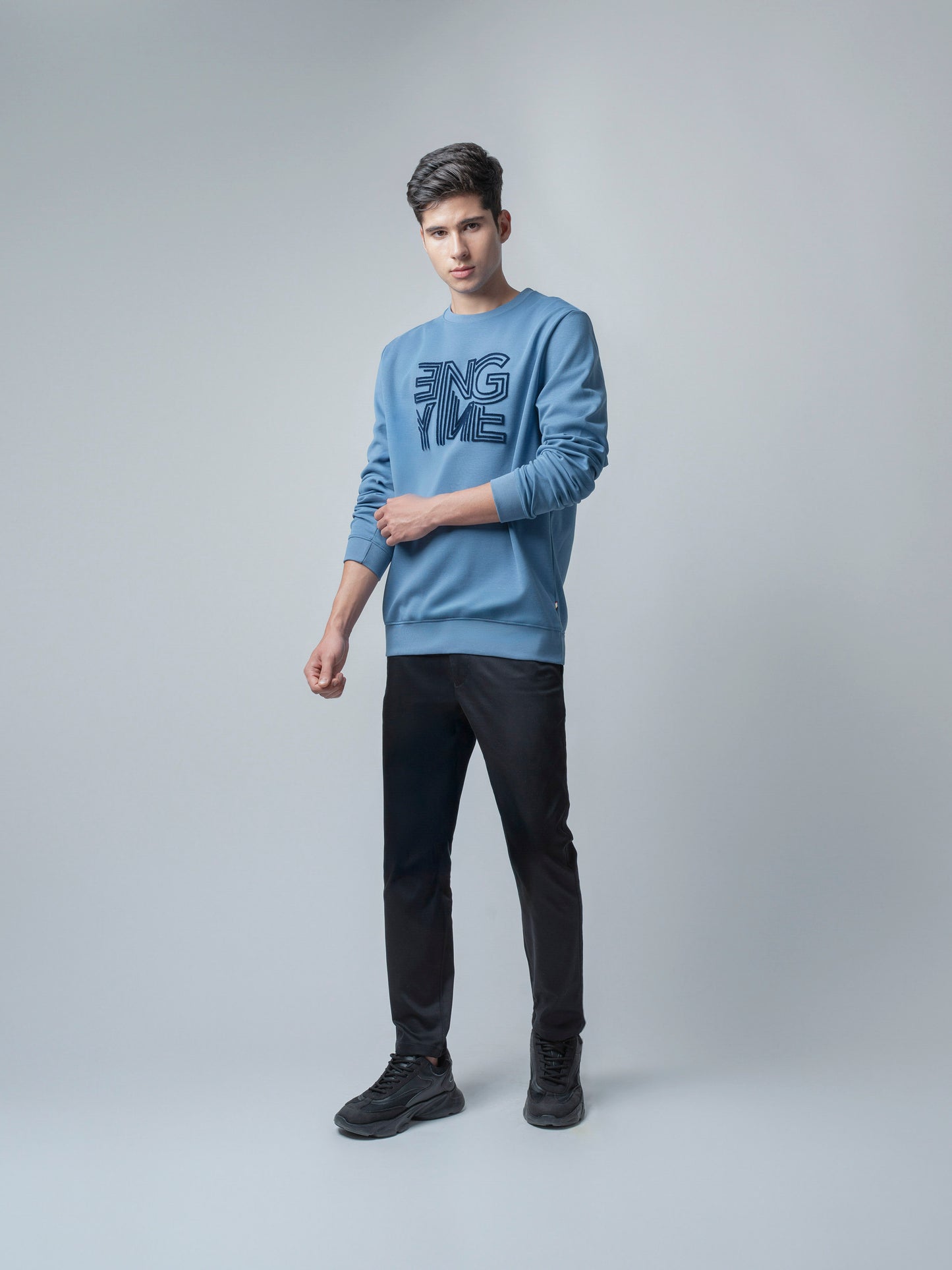 Long Sleeve Sweatshirt with 'Engyne' Embroidery Gasoline
