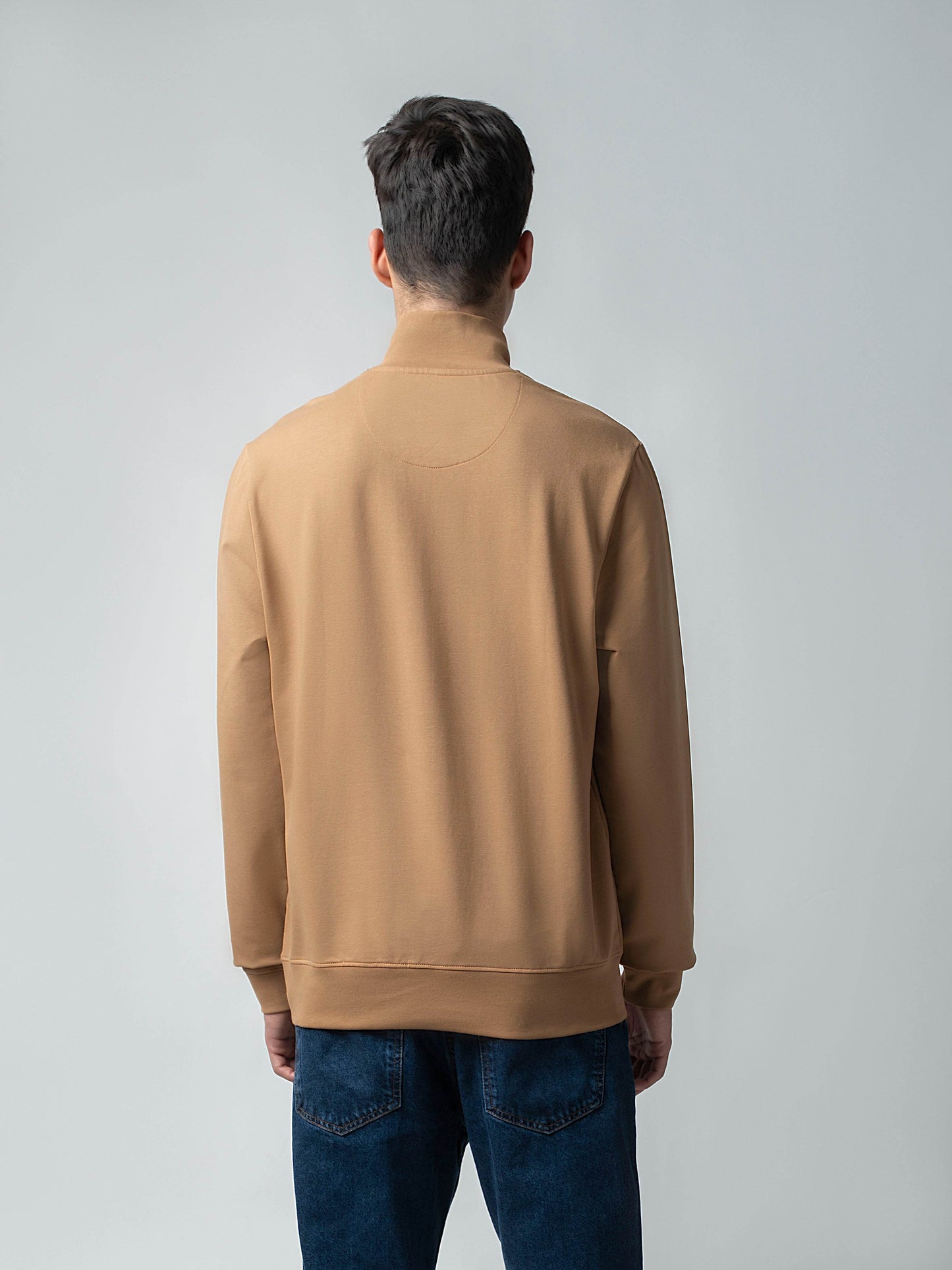 Half-Zip High Neck Sweatshirt with Contrast Tipped Cuffs and Silicon HD Chest Print Khaki - ENGYNE