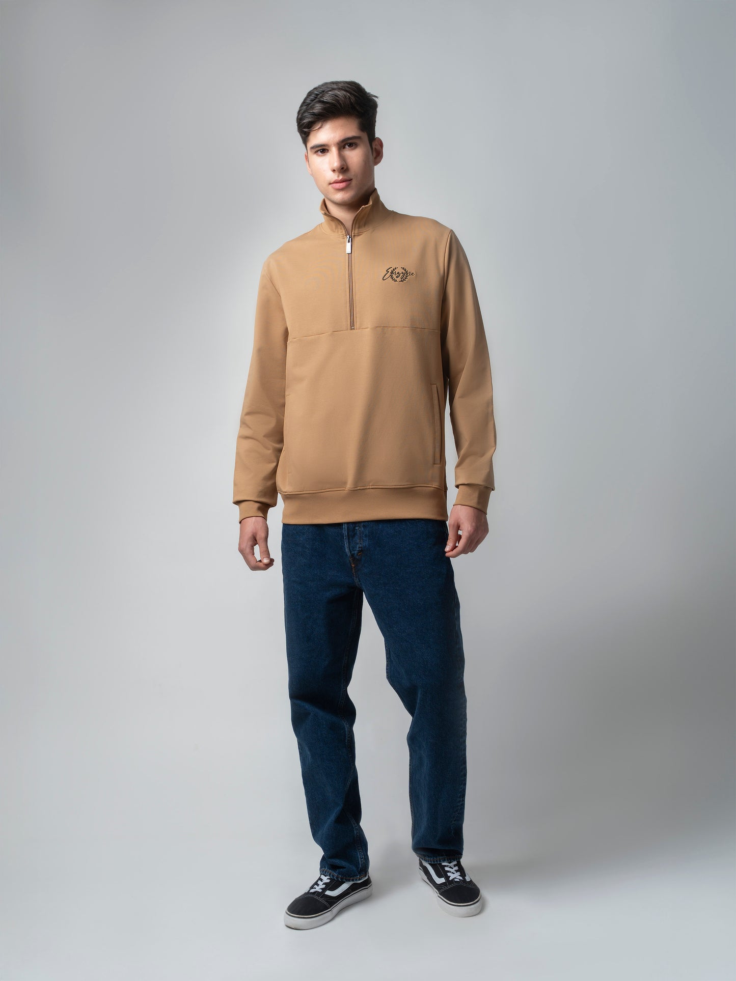 Khaki Half Zip Sweatshirt with Silicon HD Chest Print
