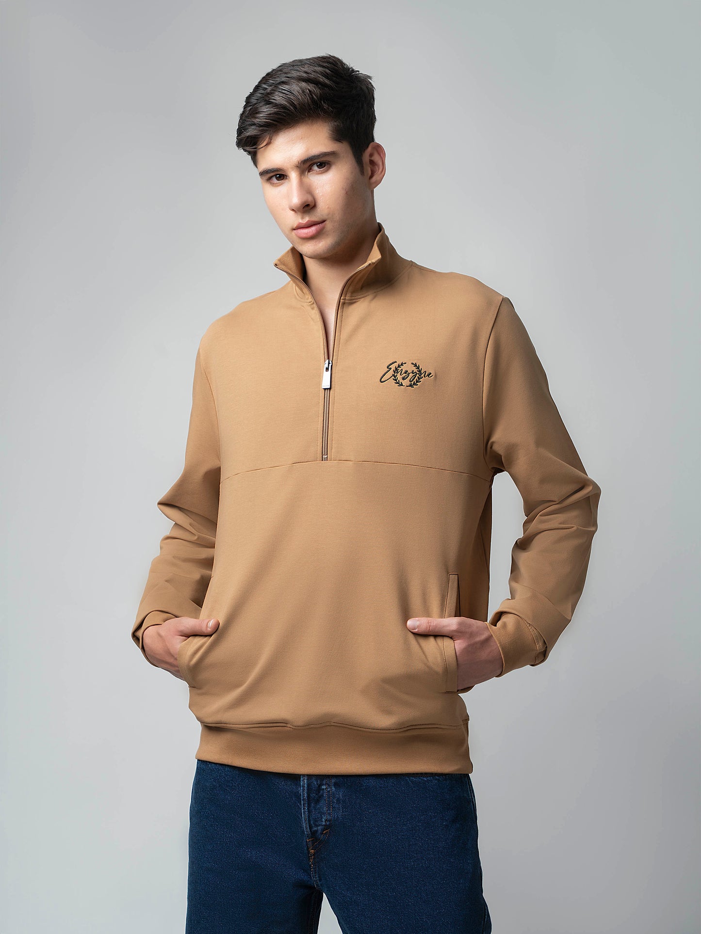 Khaki Half Zip Sweatshirt with Silicon HD Chest Print