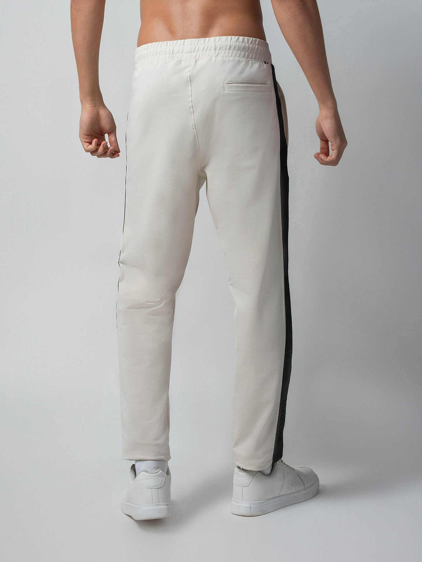 Rougen Cotton Elastane Loop Knit Trackpant with Contrast Woven Side Tape Beige - ENGYNE