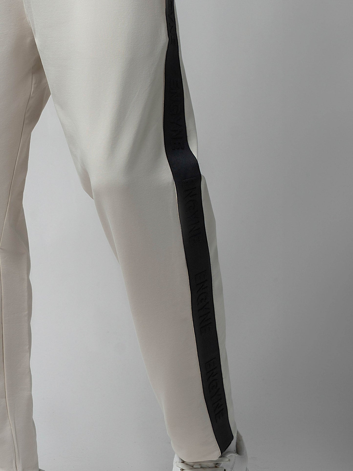 Rougen Cotton Elastane Loop Knit Trackpant with Contrast Woven Side Tape Beige - ENGYNE