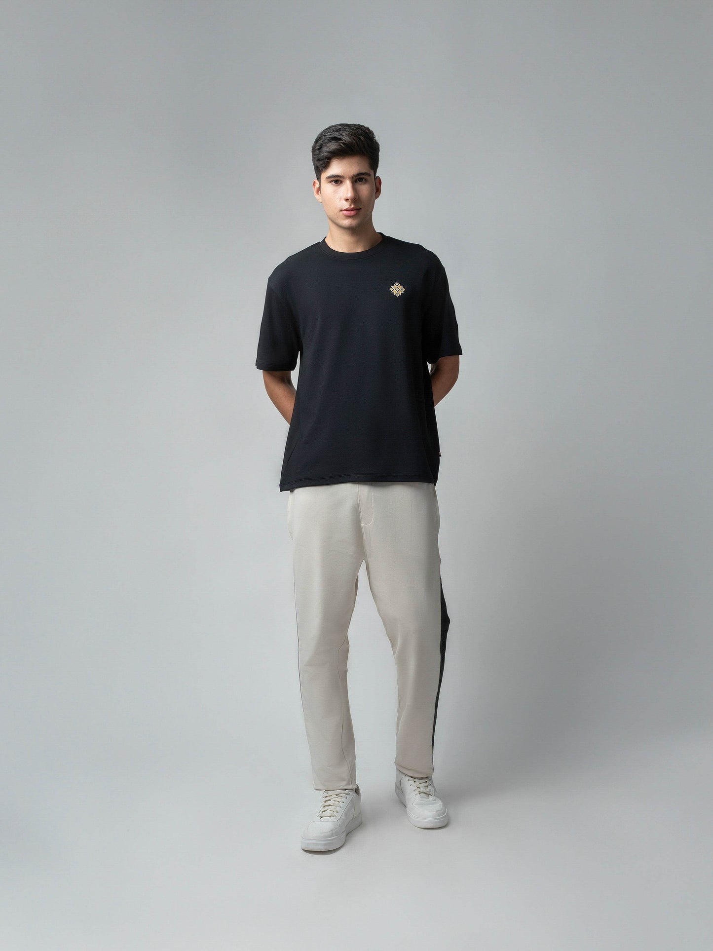 Rougen Cotton Elastane Loop Knit Trackpant with Contrast Woven Side Tape Beige - ENGYNE
