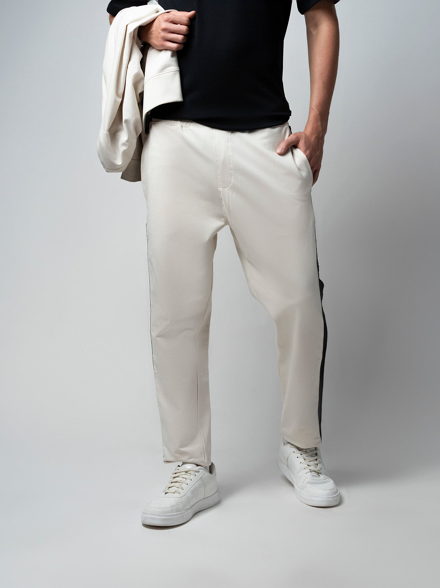 Cotton Beige Track Pant with Contrast Woven Side Tape