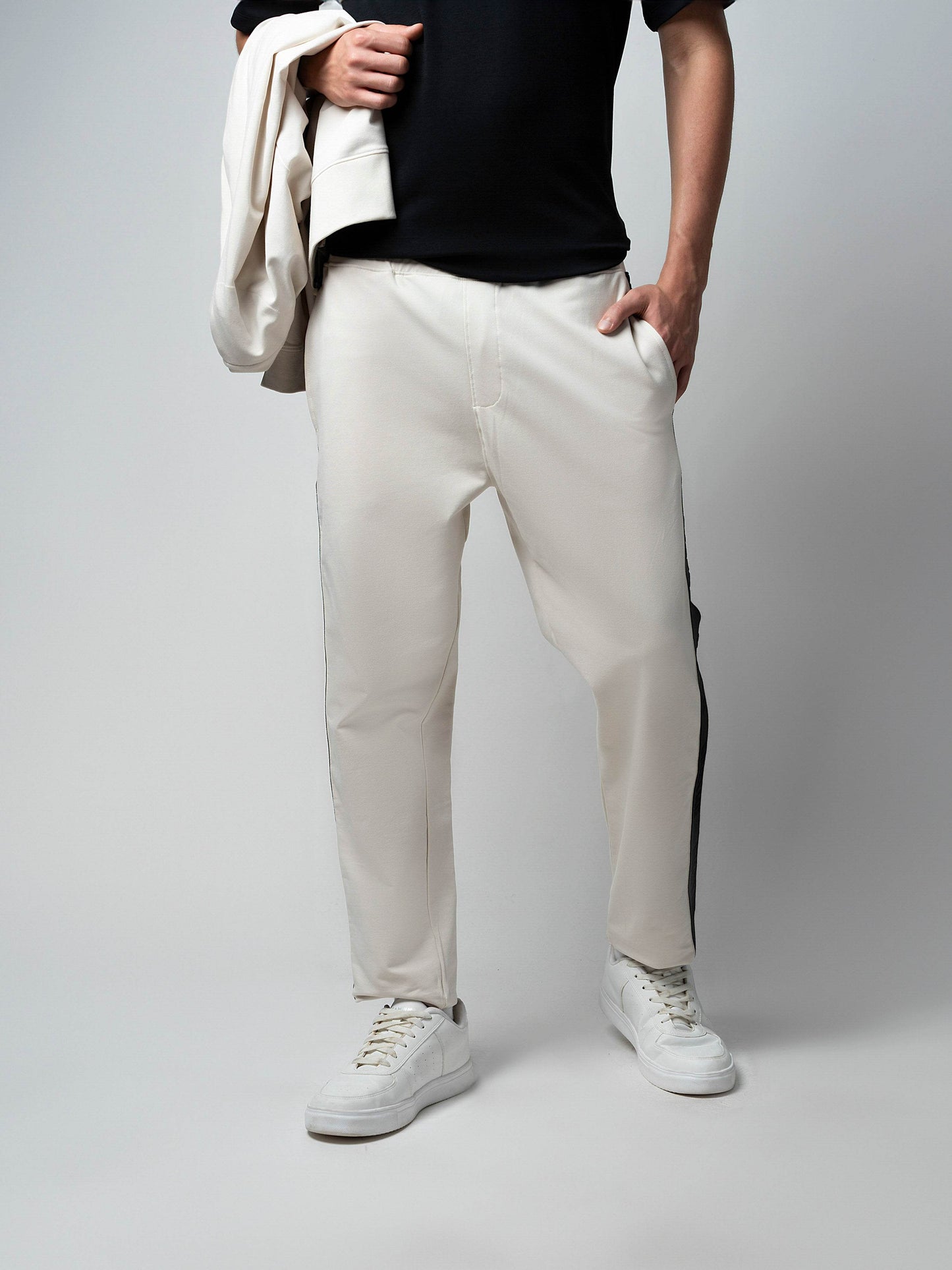 Rougen Cotton Elastane Loop Knit Trackpant with Contrast Woven Side Tape Beige - ENGYNE