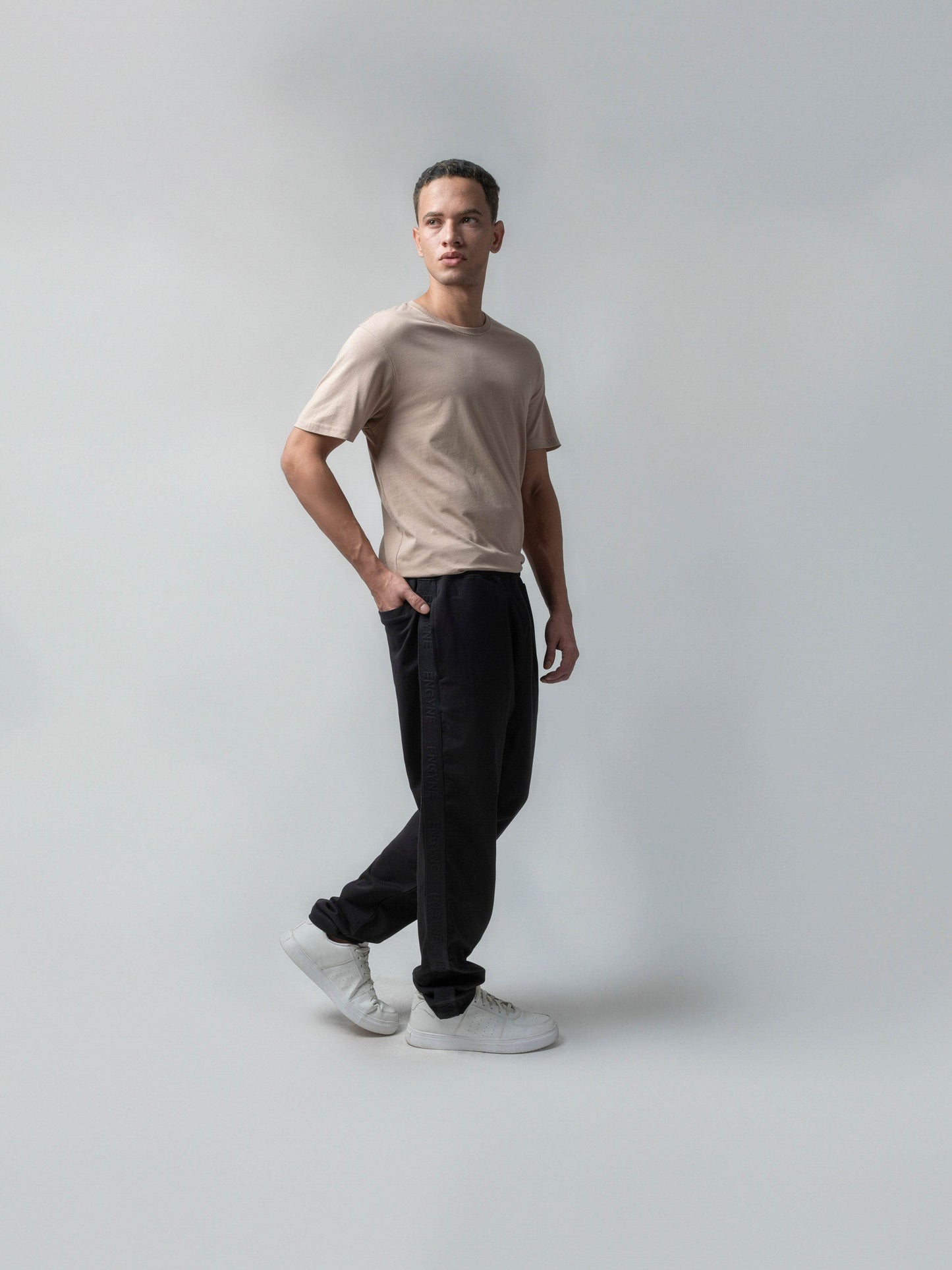 Rougen Cotton Elastane Loop Knit Trackpant with DTM Woven Side Tape Black - ENGYNE