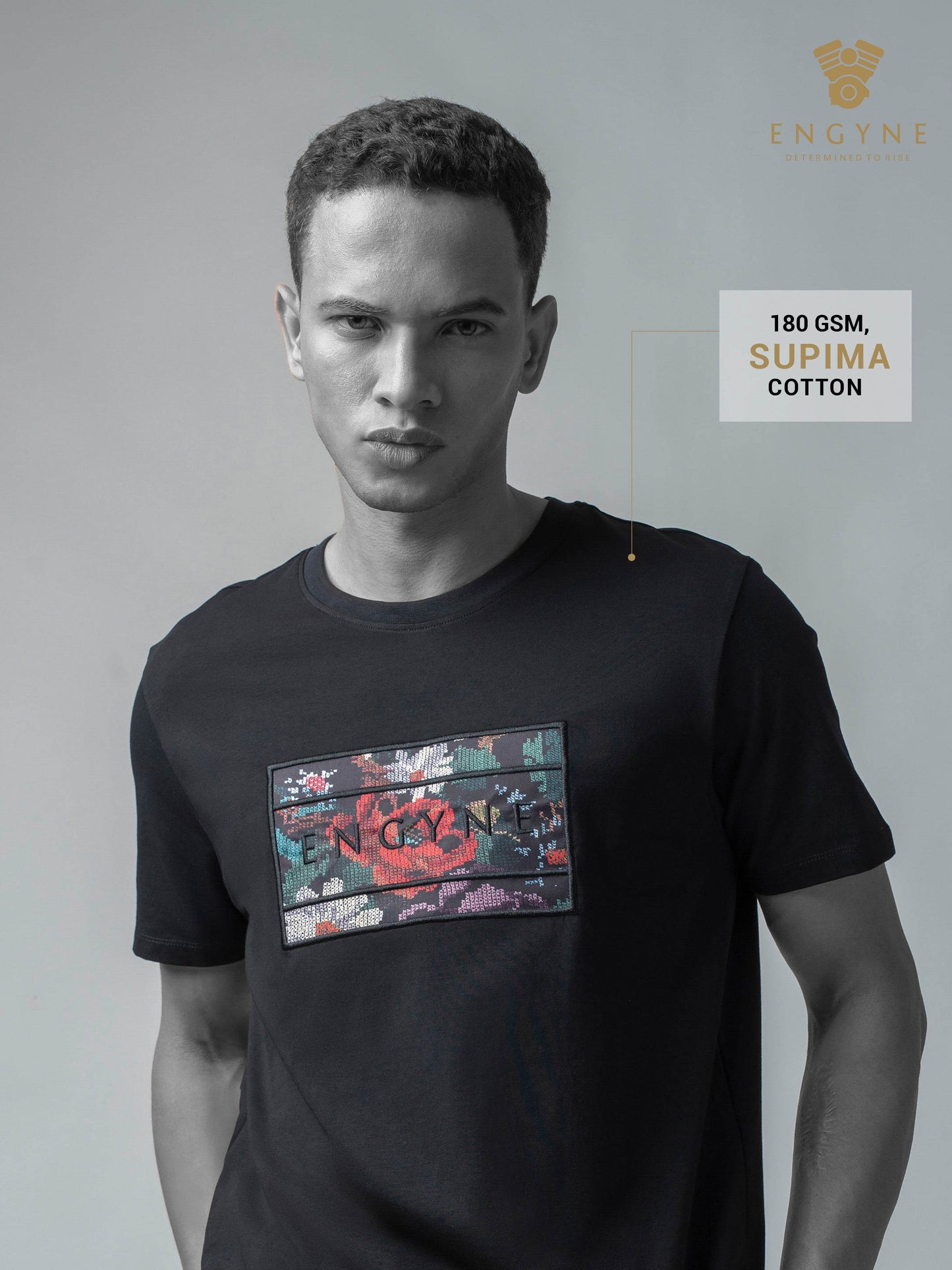Supima Cotton Lycra with Sublimation-Printed Chest Appliqué and Embroidery Black T-shirt - ENGYNE