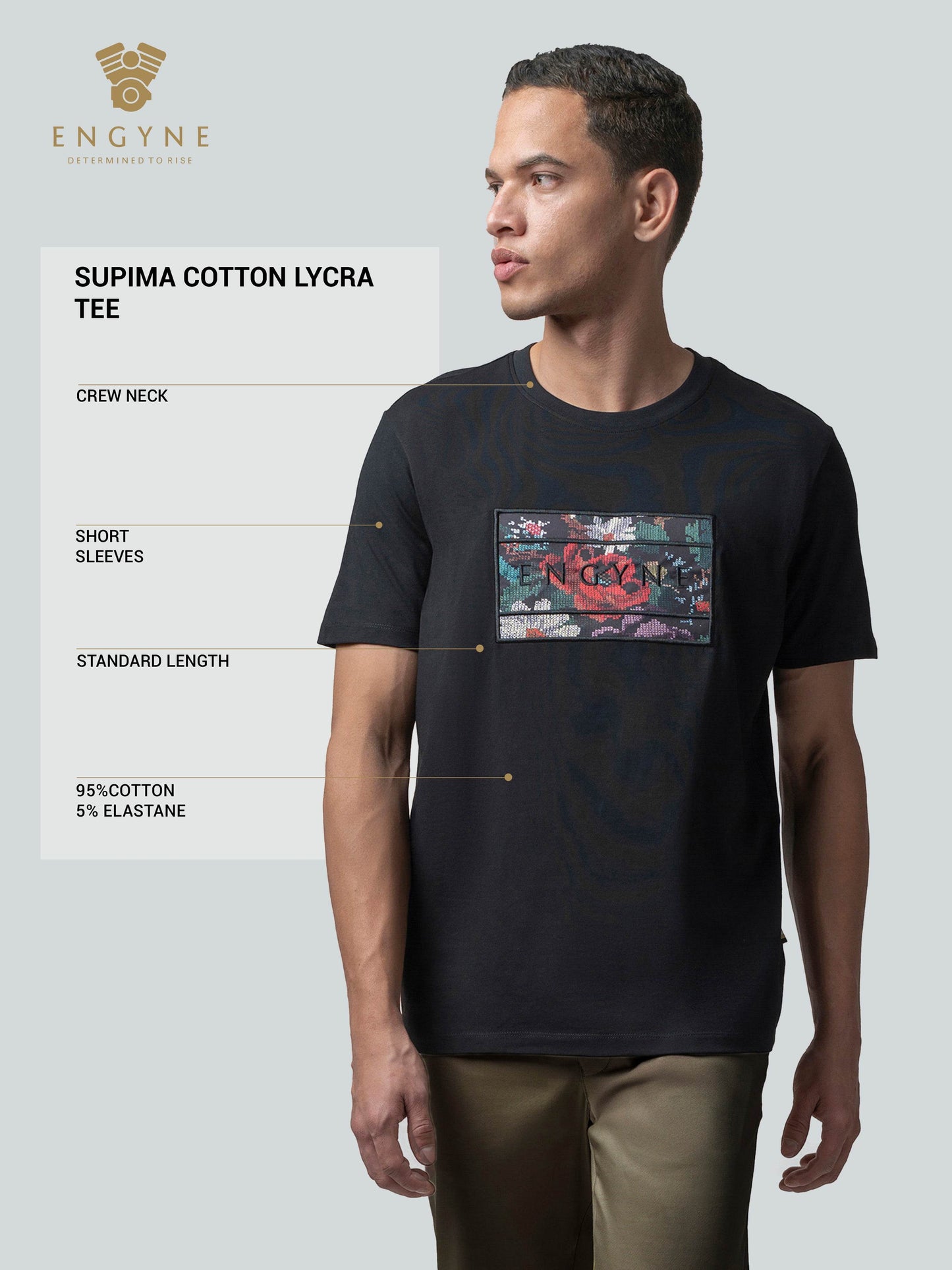 Supima Cotton Lycra with Sublimation-Printed Chest Appliqué and Embroidery Black T-shirt - ENGYNE