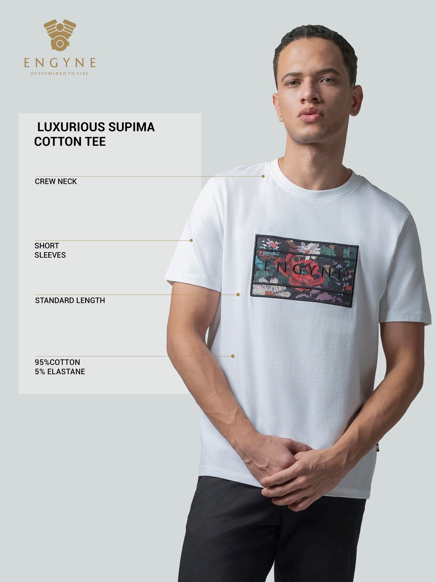 Supima Cotton Lycra with Sublimation-Printed Chest Appliqué and Embroidery White T-shirt - ENGYNE