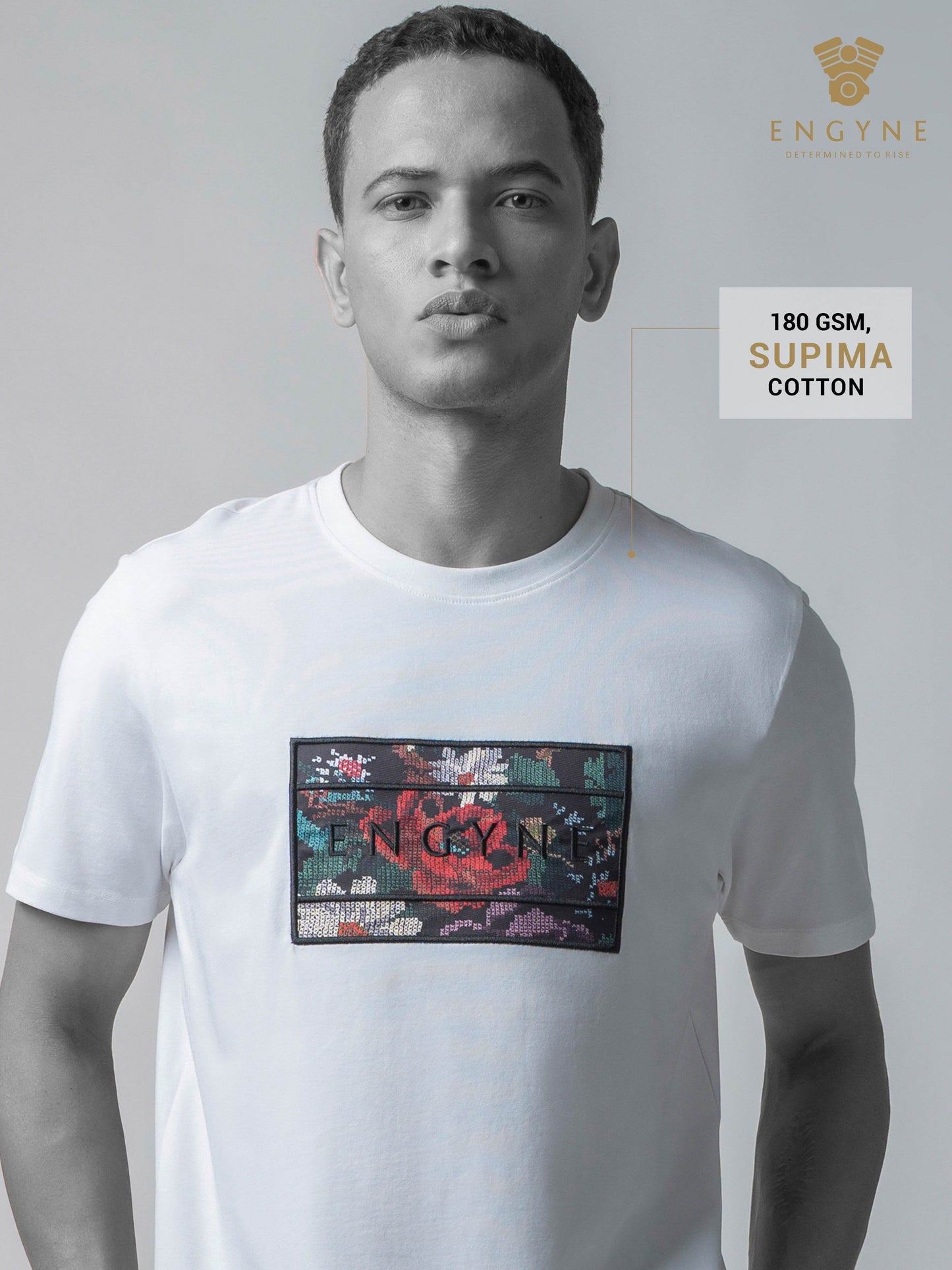 Supima Cotton Lycra with Sublimation-Printed Chest Appliqué and Embroidery White T-shirt - ENGYNE