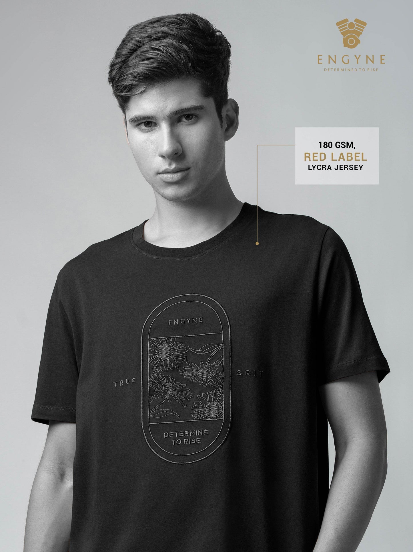 Rougen Cotton Lycra with Floral Placement Embroidery Black T-shirt - ENGYNE