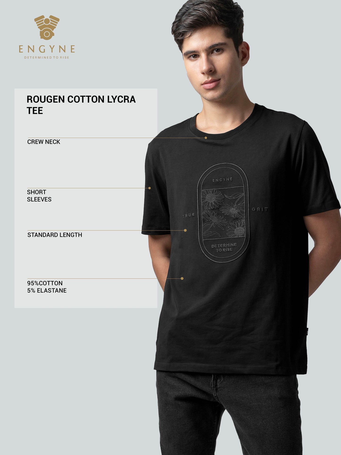Rougen Cotton Lycra with Floral Placement Embroidery Black T-shirt - ENGYNE