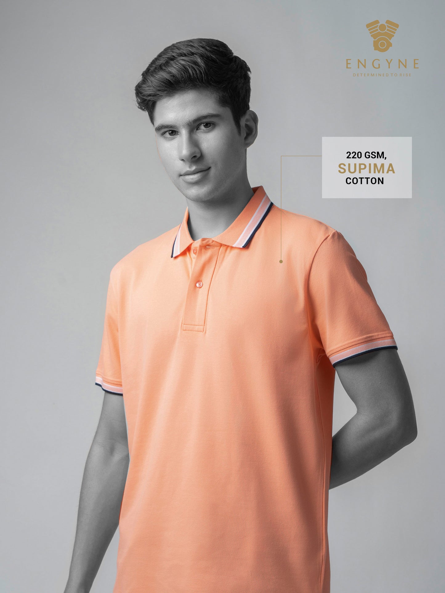 Engyne Core Bird's-Eye Texture and Contrast-Tipped Collar and Cuffs Light Orange Polo