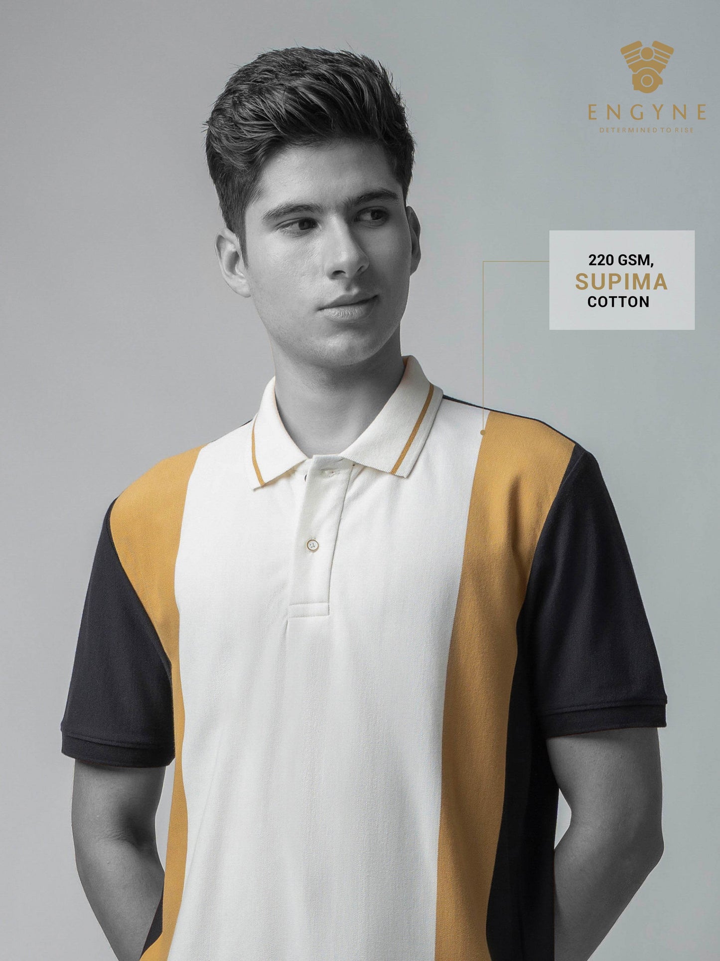 Supima Cotton Lycra with Yarn-Dyed Vertical Stripes and Honeycomb-Textured Contrast Collar and Cuffs Black T-shirt - ENGYNE